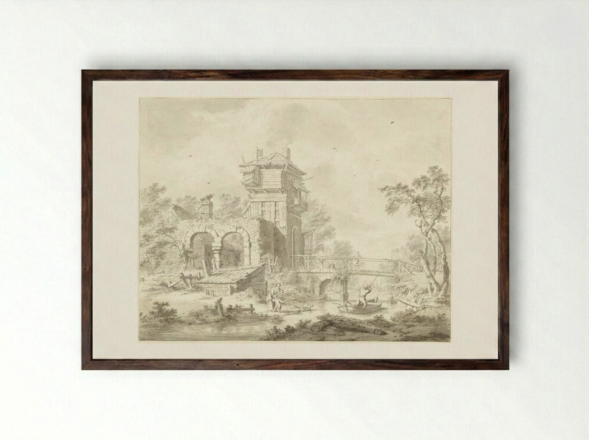 Vervallen poortgebouw met brug - Bartholomeus Barbiers - Framed Print Dark Wood
