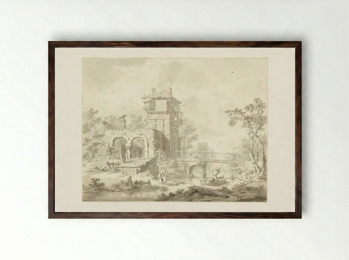 Vervallen poortgebouw met brug - Bartholomeus Barbiers - Framed Print Dark Wood