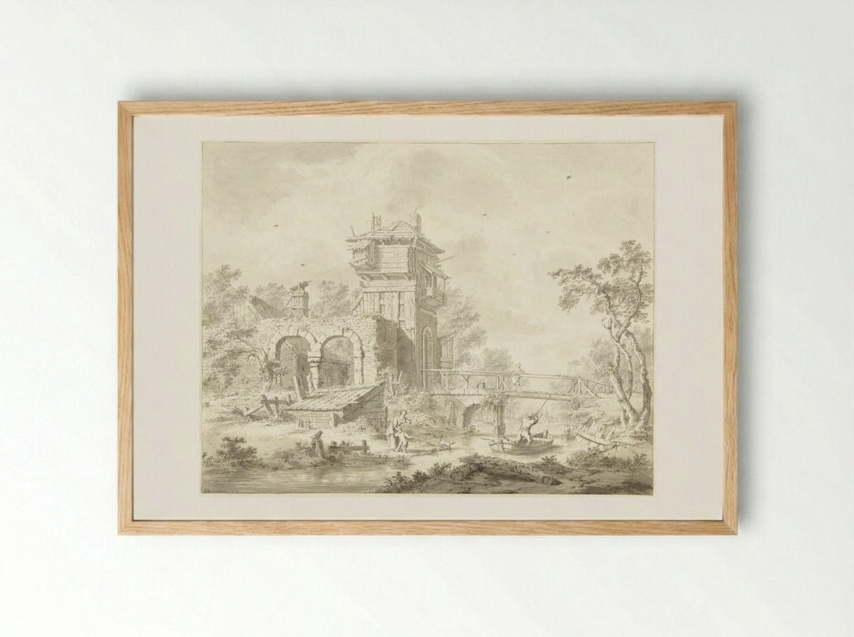 Vervallen poortgebouw met brug - Bartholomeus Barbiers - Framed Print Wood