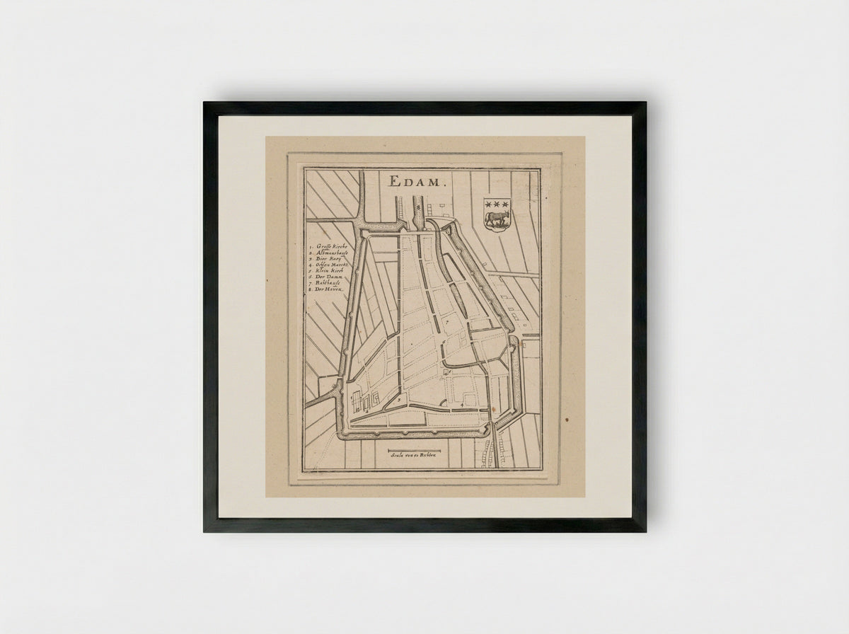 Vestingplattegrond van Edam - Caspar Merian - Framed Print Black