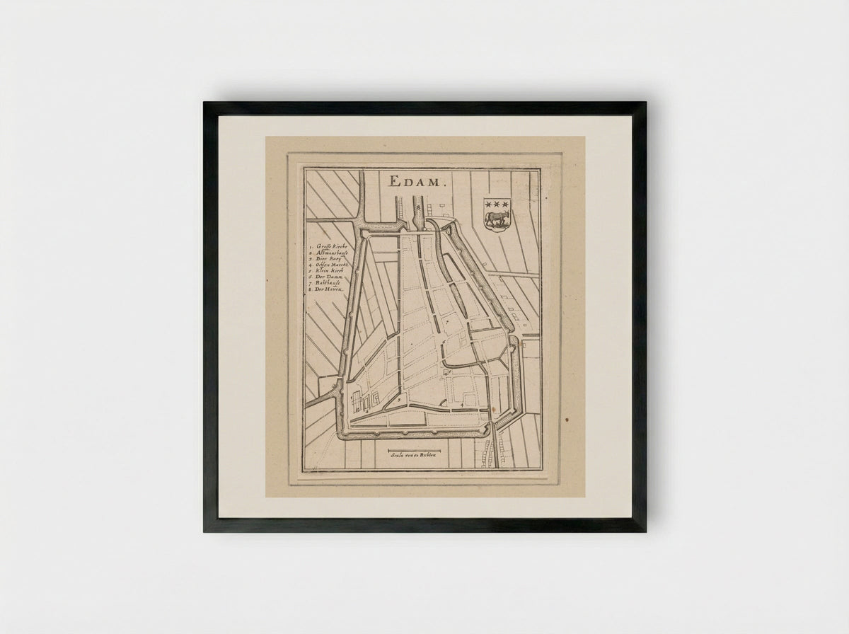 Vestingplattegrond van Edam - Caspar Merian - Framed Print Black