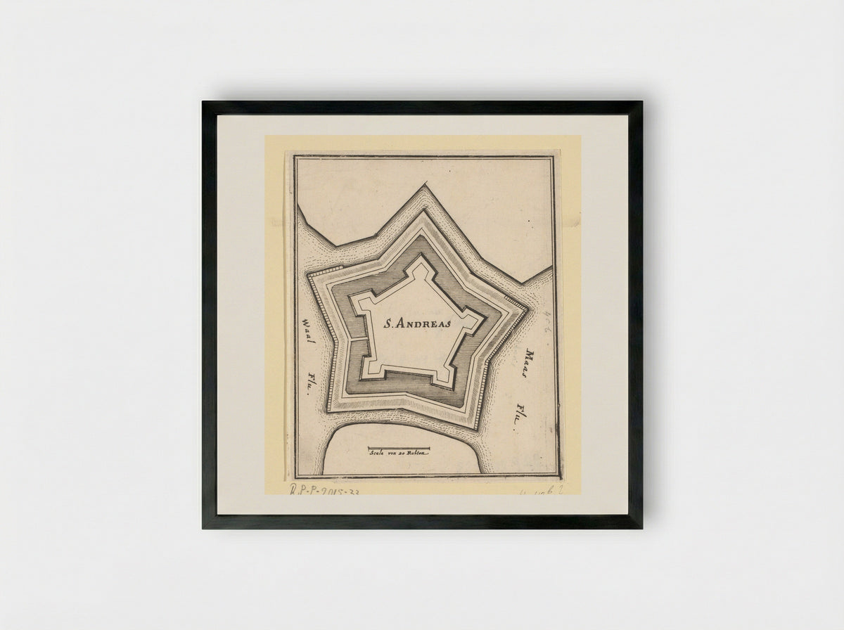 Vestingplattegrond van Sint-Andries - Caspar Merian - Framed Print Black