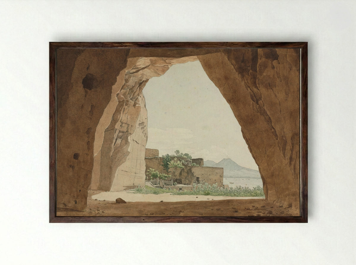 Vesuvius and the Bay of Naples from a Cave - Adolf von Heydeck - Framed Print Dark Wood