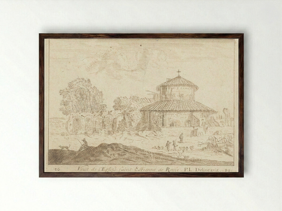 Veuë de l'Eglise saint Estienne de Rome - Monogrammist PL - Framed Print Dark Wood