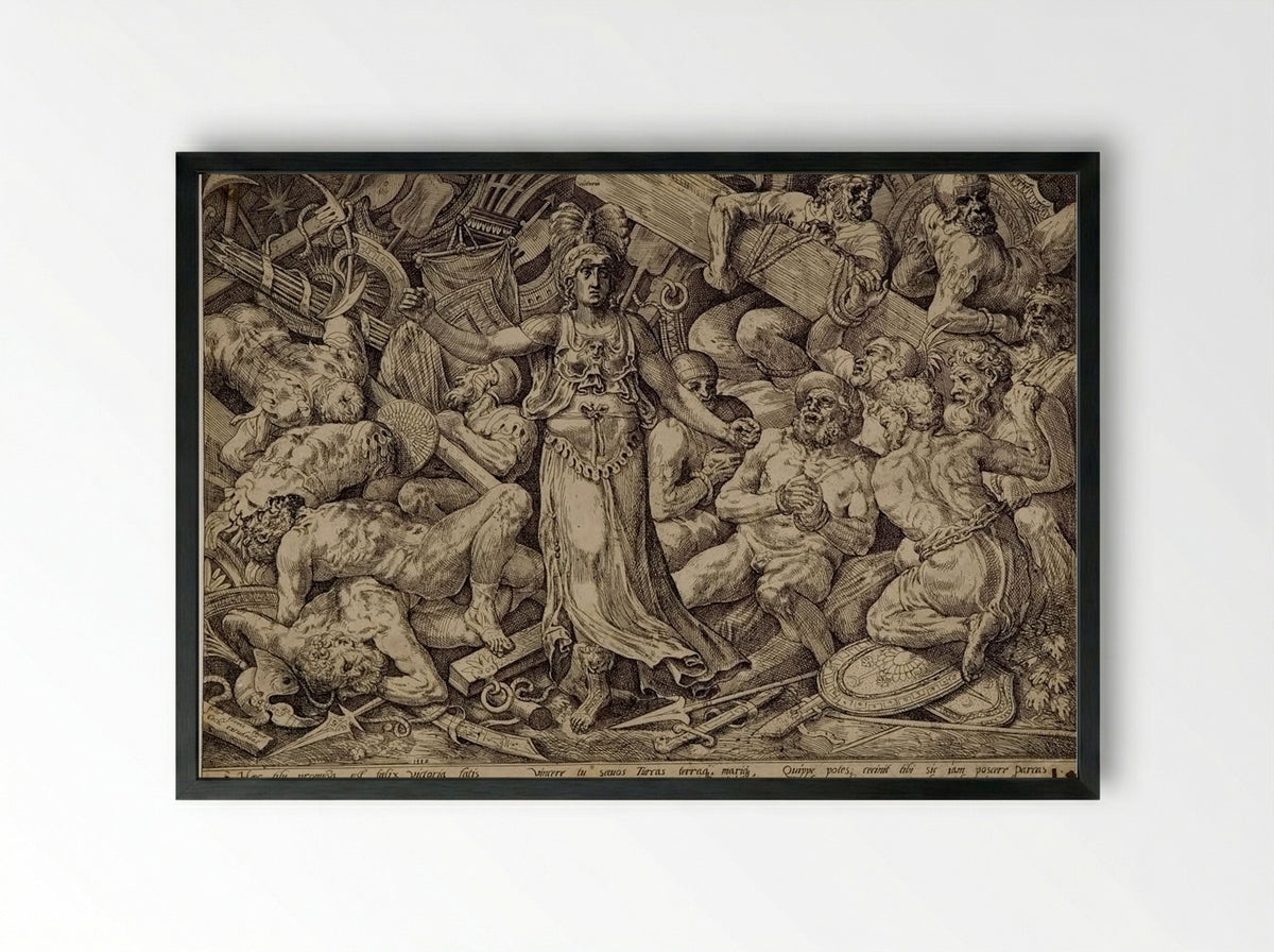 Victory Surrounded by Corpses, Prisoners, and Trophies - Frans Floris - Framed Print Black