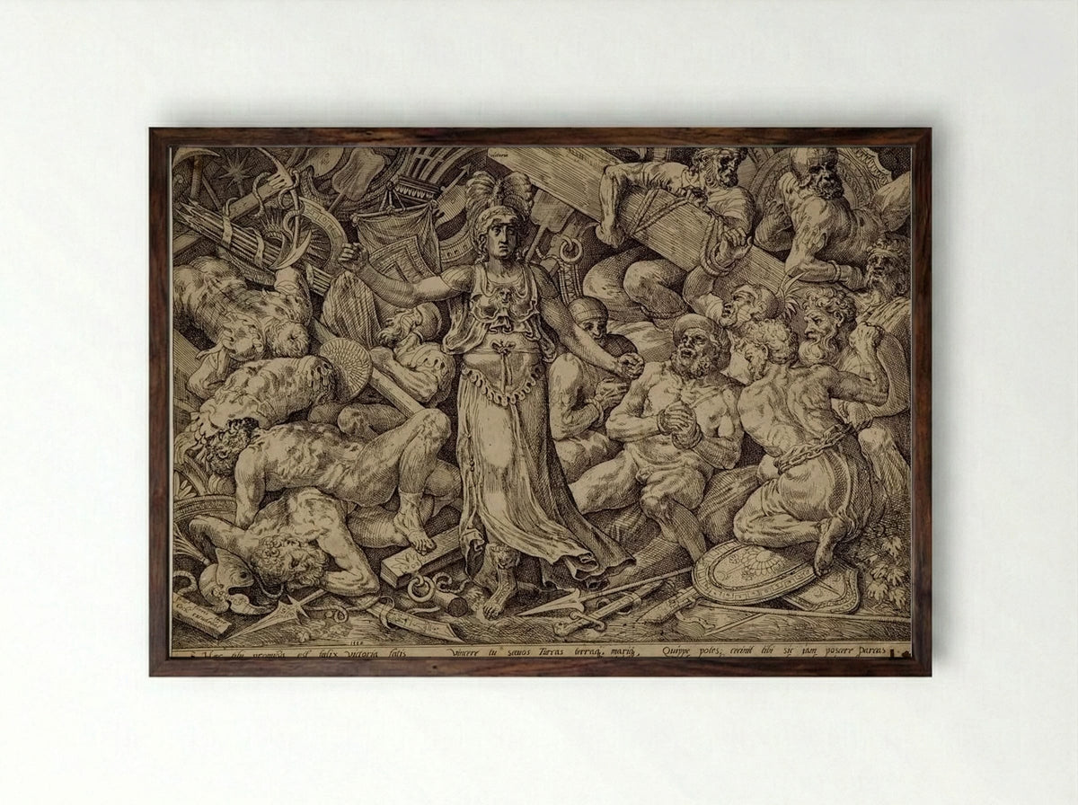 Victory Surrounded by Corpses, Prisoners, and Trophies - Frans Floris - Framed Print Dark Wood