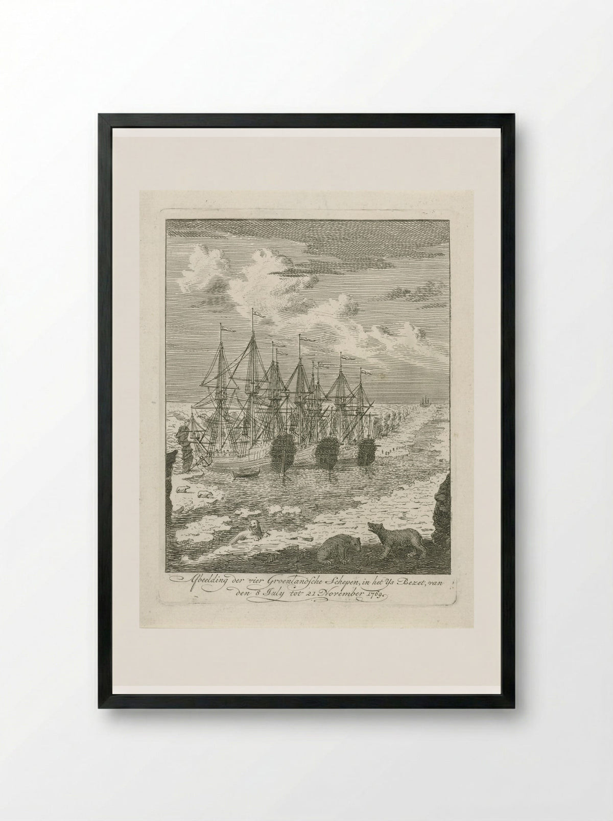 Vier Groenlandse schepen vast in het ijs - Cornelis van Noorde - Framed Print Black
