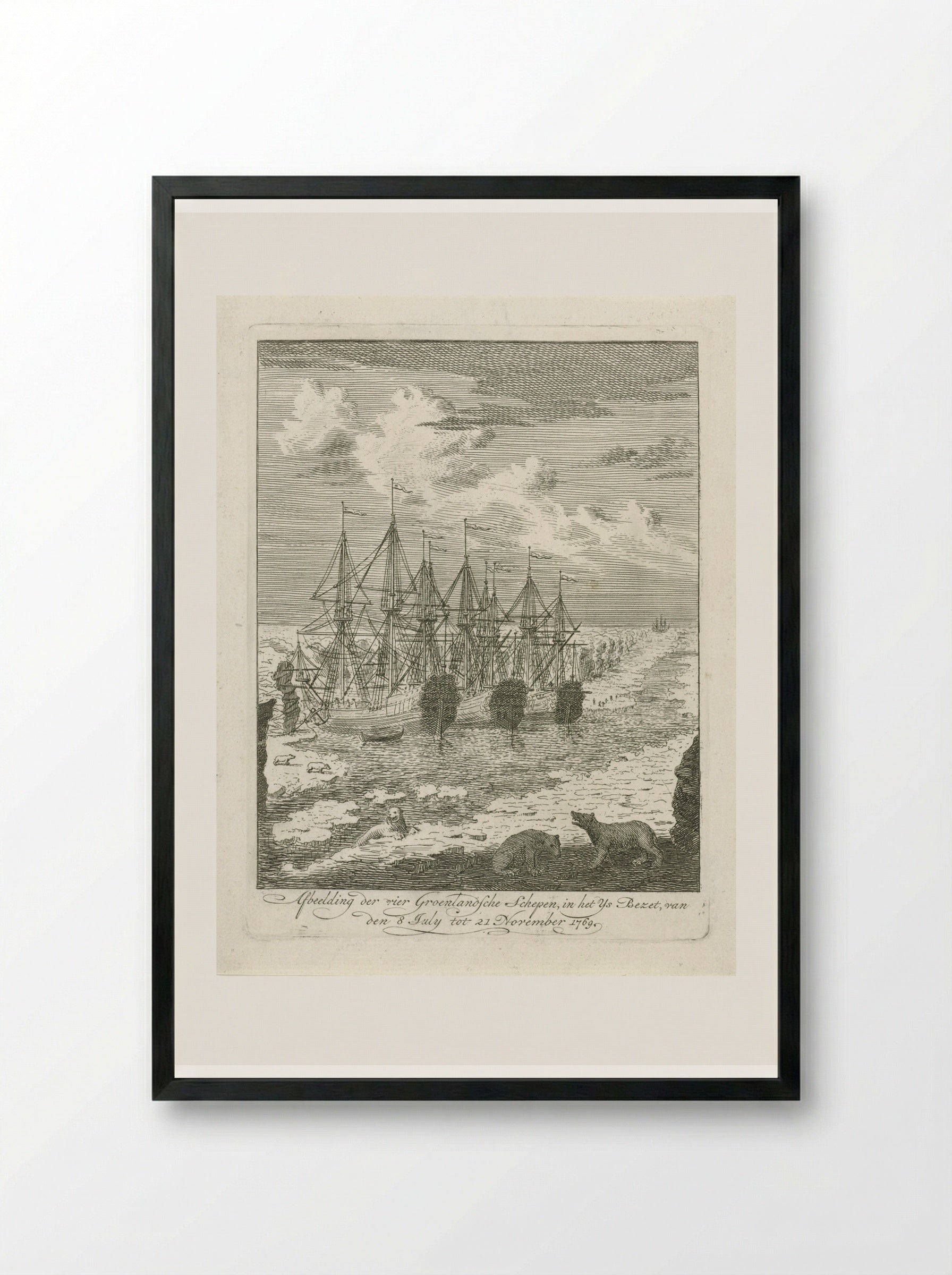 Vier Groenlandse schepen vast in het ijs - Cornelis van Noorde - Framed Print Black
