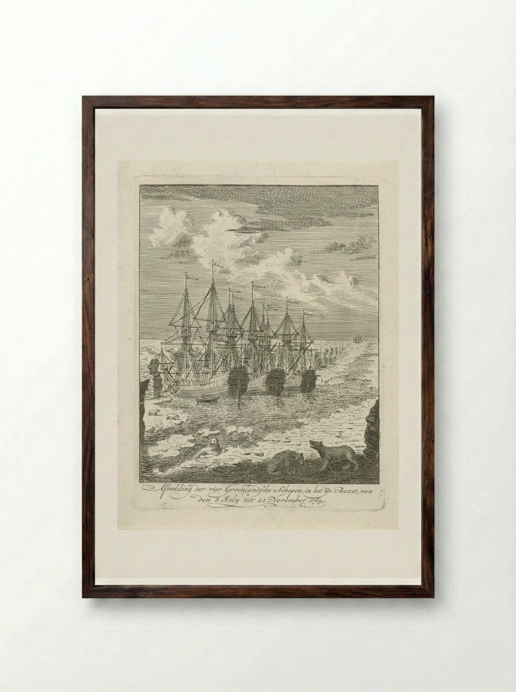 Vier Groenlandse schepen vast in het ijs - Cornelis van Noorde - Framed Print Dark Wood