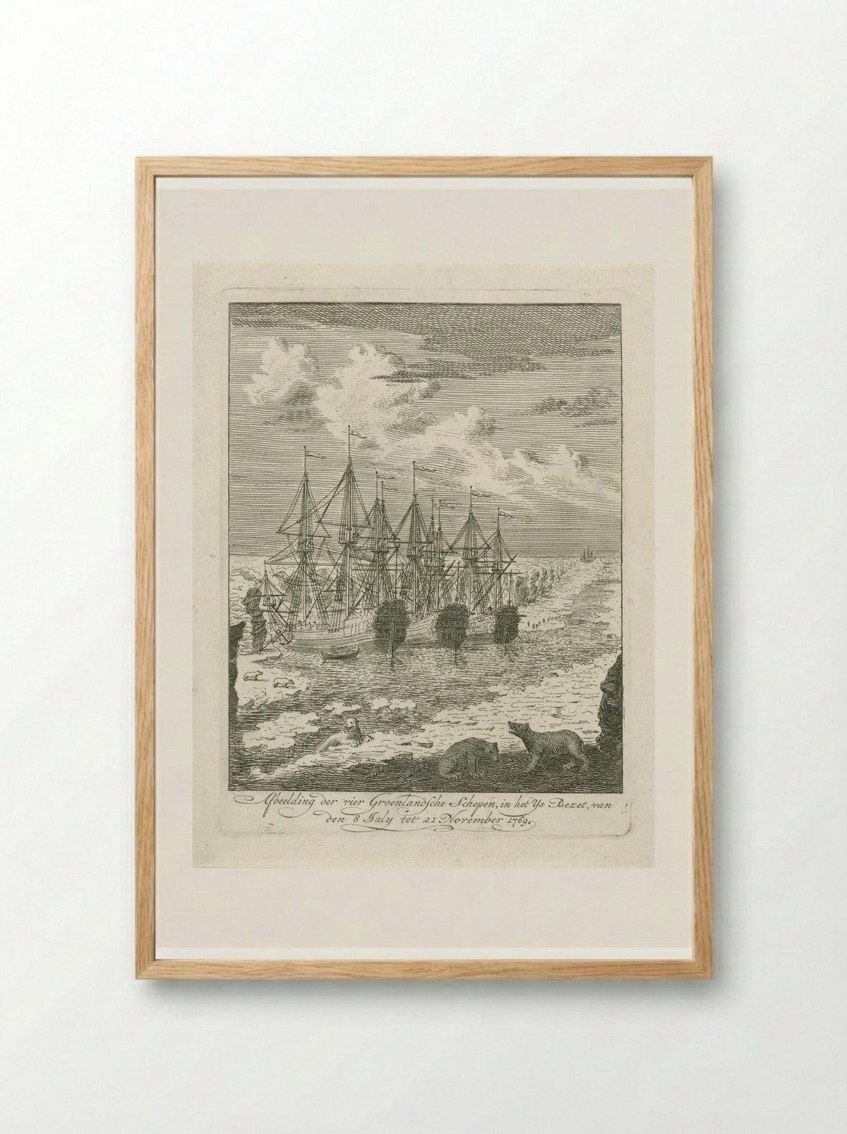 Vier Groenlandse schepen vast in het ijs - Cornelis van Noorde - Framed Print Wood