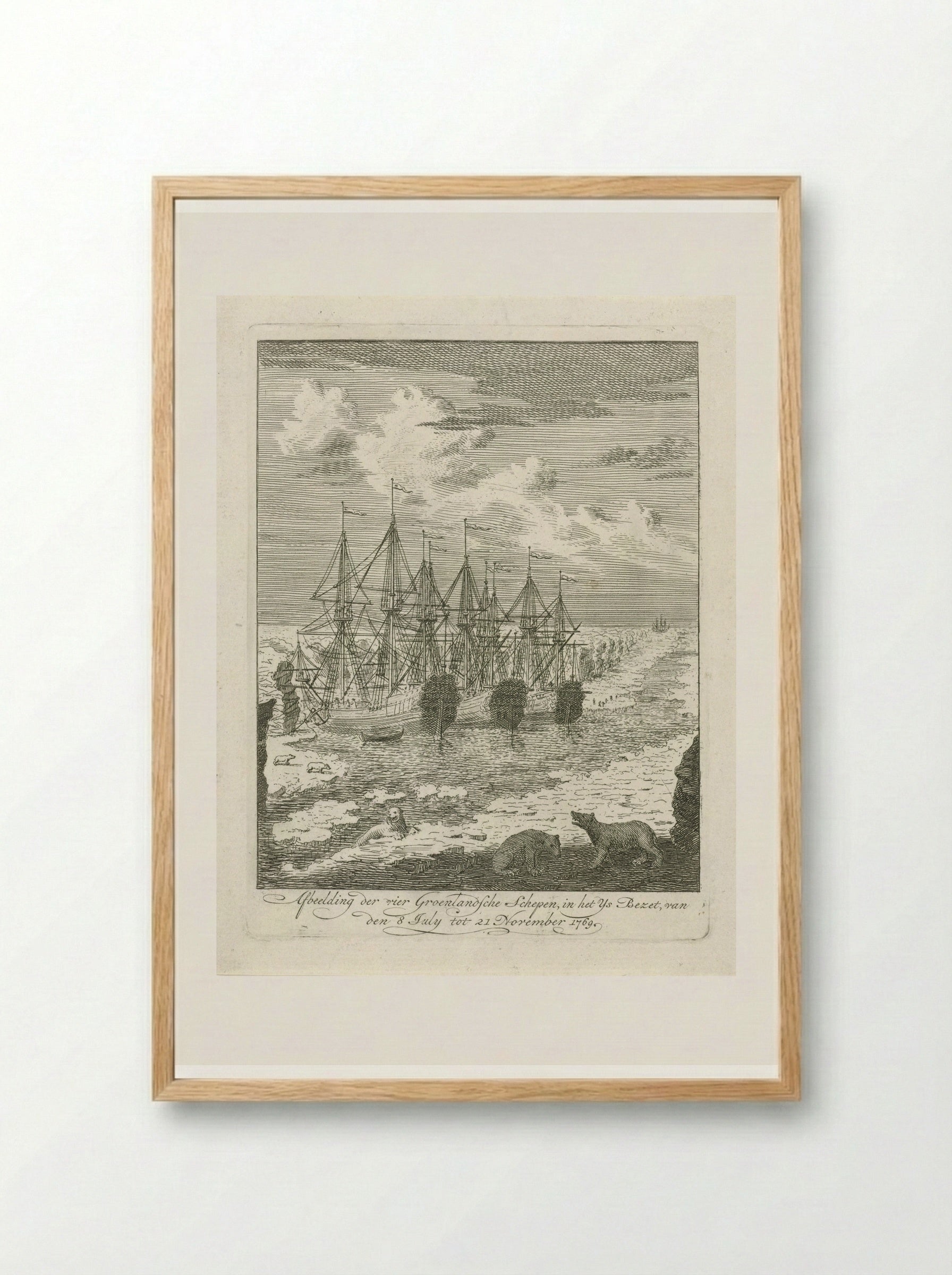 Vier Groenlandse schepen vast in het ijs - Cornelis van Noorde - Framed Print Wood