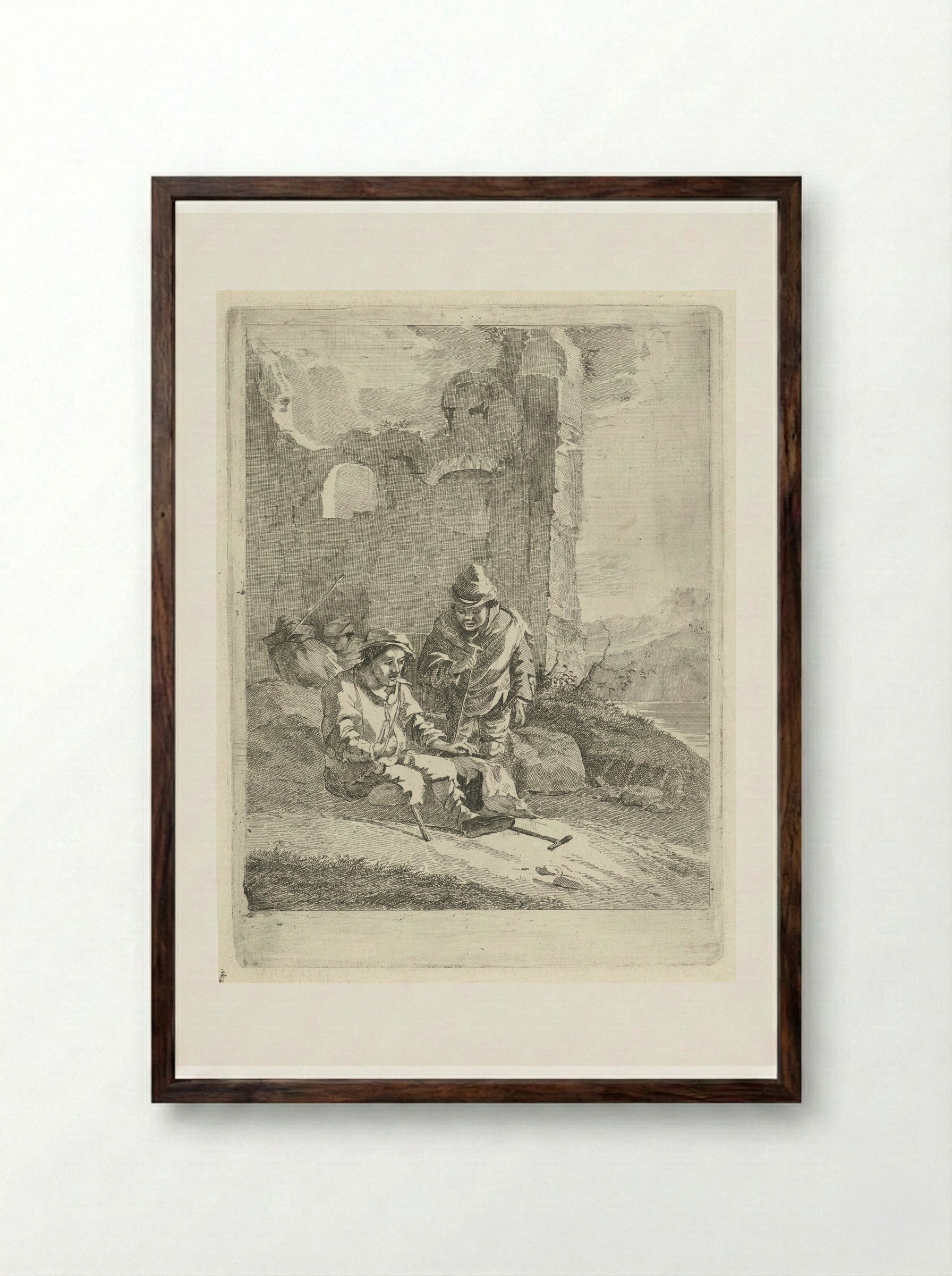 Vier figuren bij een ruïne - Gerrit Groenewegen - Framed Print Dark Wood