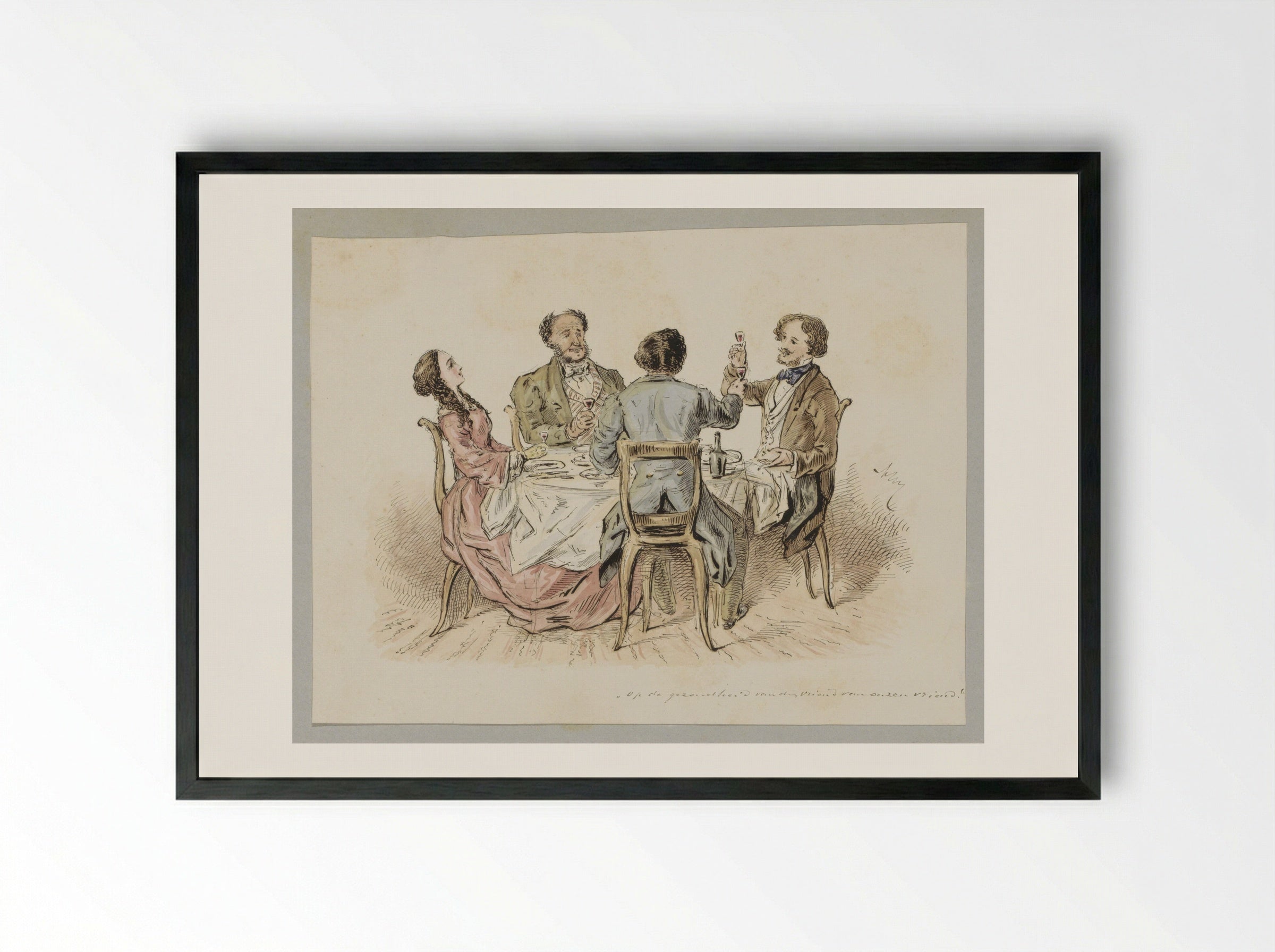 Vier figuren die een toost uitbrengen aan een tafel - Alexander Ver Huell - Framed Print Black