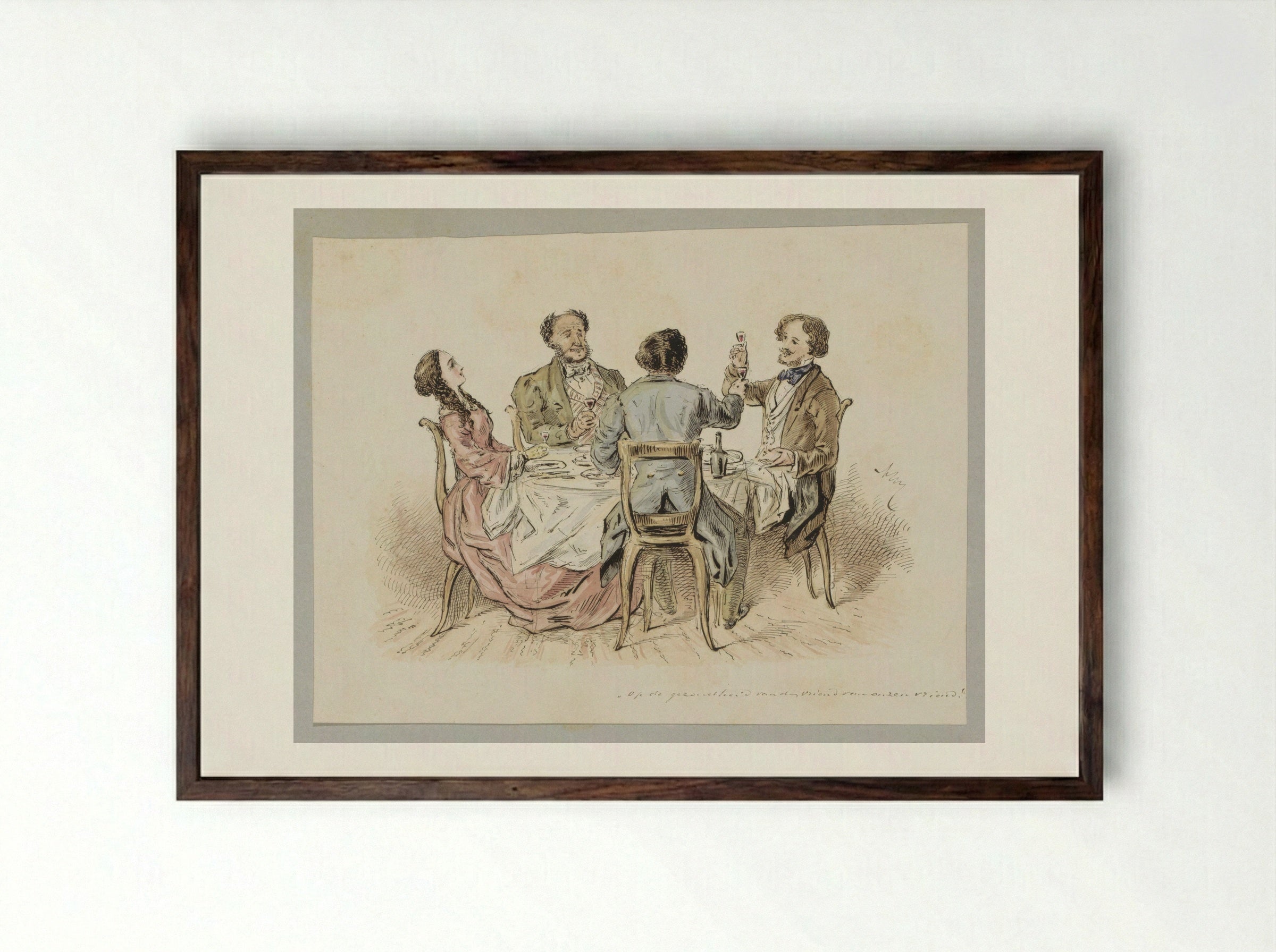 Vier figuren die een toost uitbrengen aan een tafel - Alexander Ver Huell - Framed Print Dark Wood