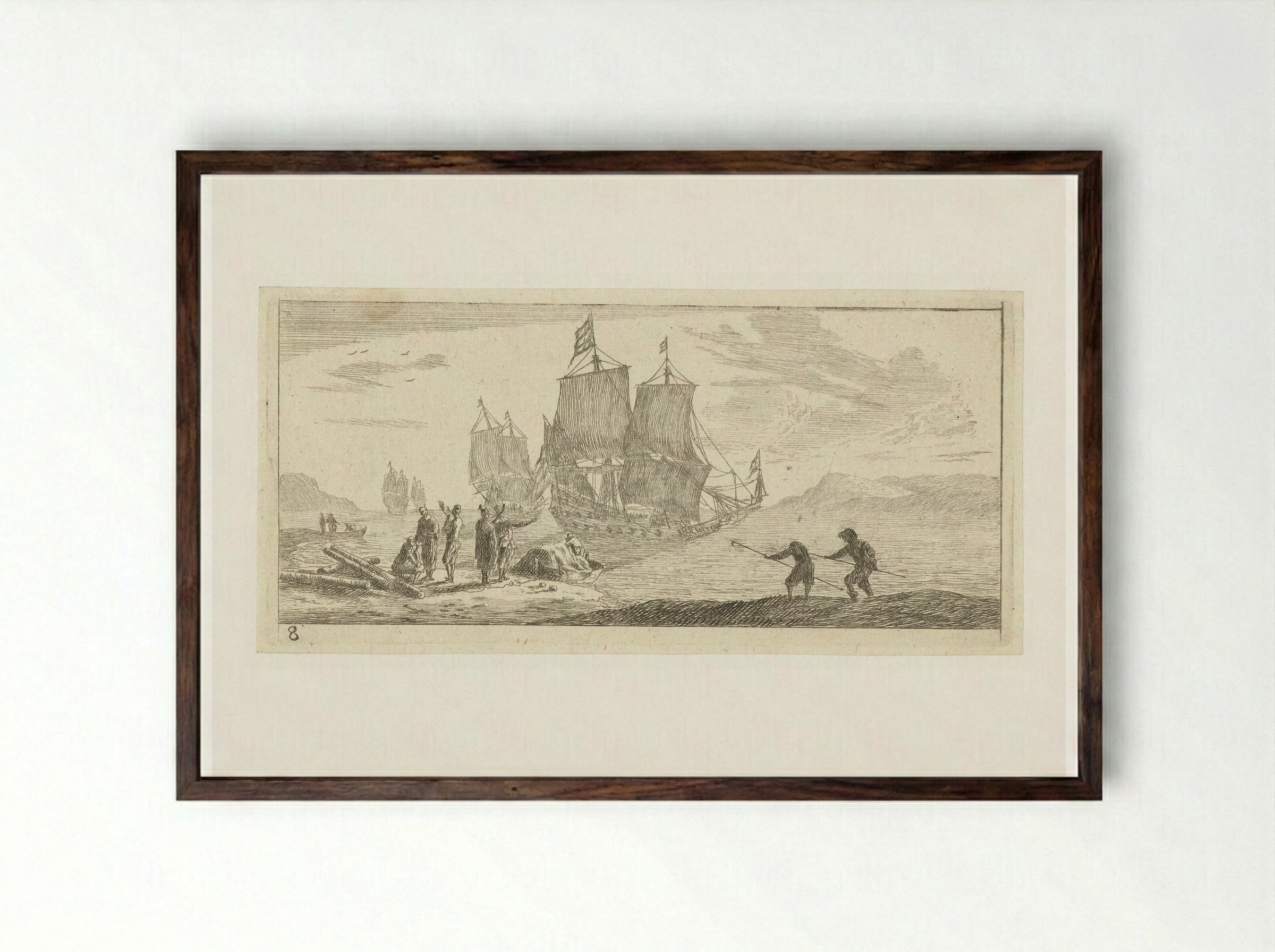 Vier grote zeilschepen in een baai - Reinier Nooms - Framed Print Dark Wood