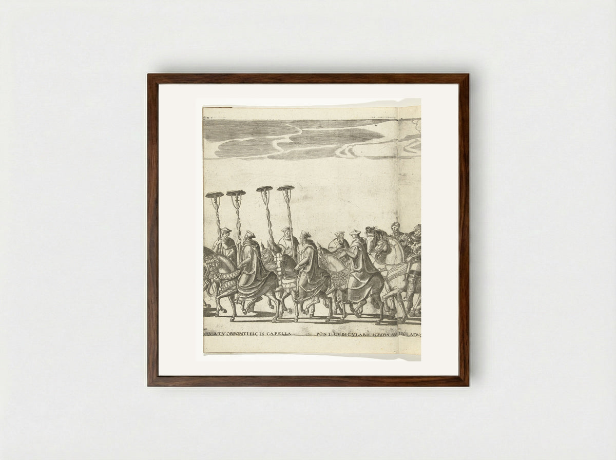Vier kardinaalshoeden op stokken, plaat 10 - Nicolaas Hogenberg - Framed Print Dark Wood
