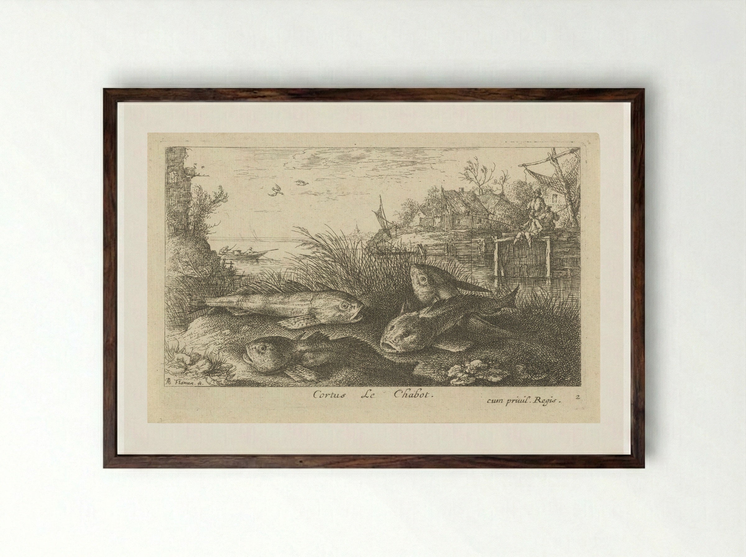 Vier kopvoornen op een rivieroever - Albert Flamen - Framed Print Dark Wood