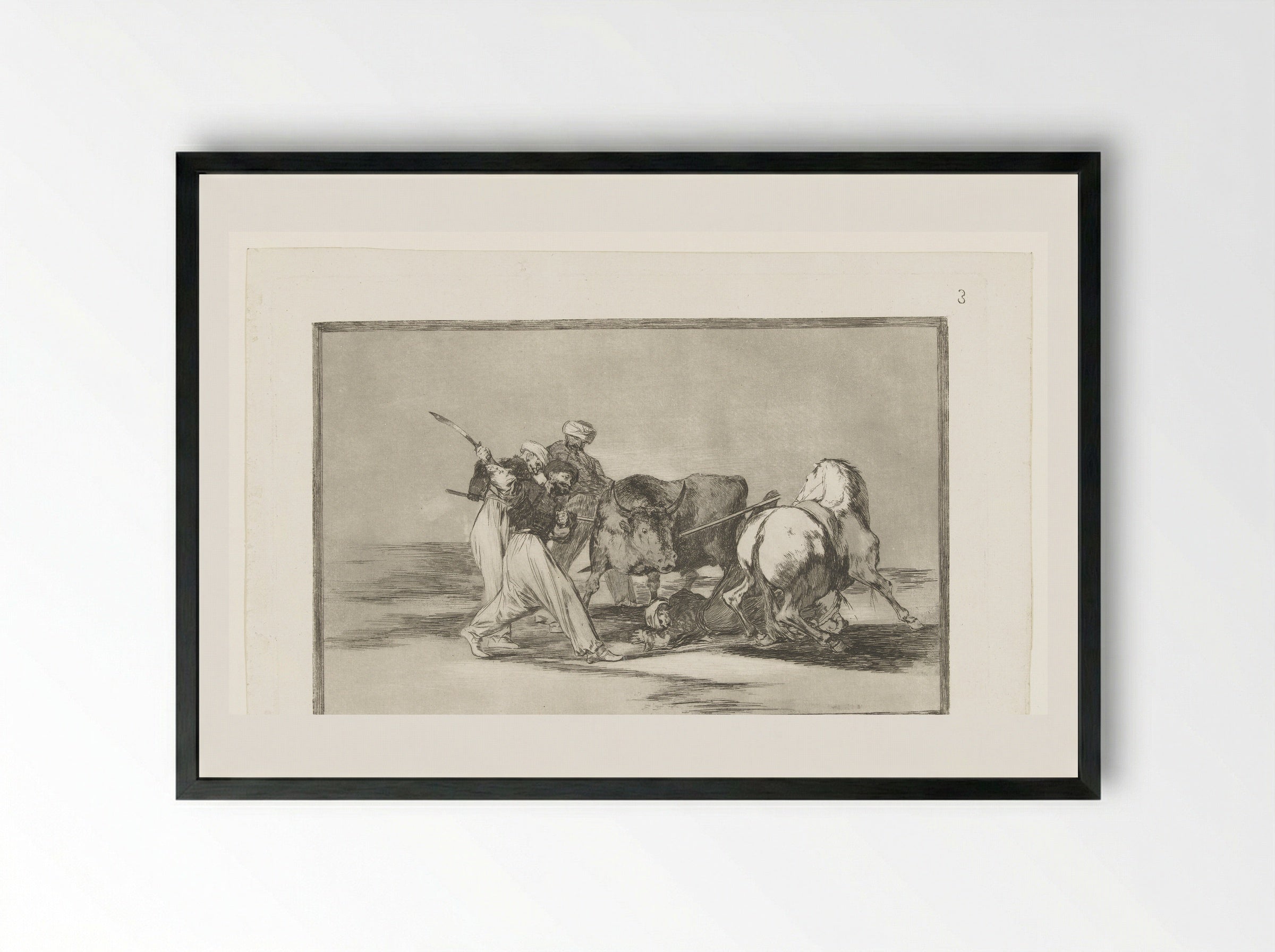 Vier mannen jagen op een stier - Francisco de Goya - Framed Print Black
