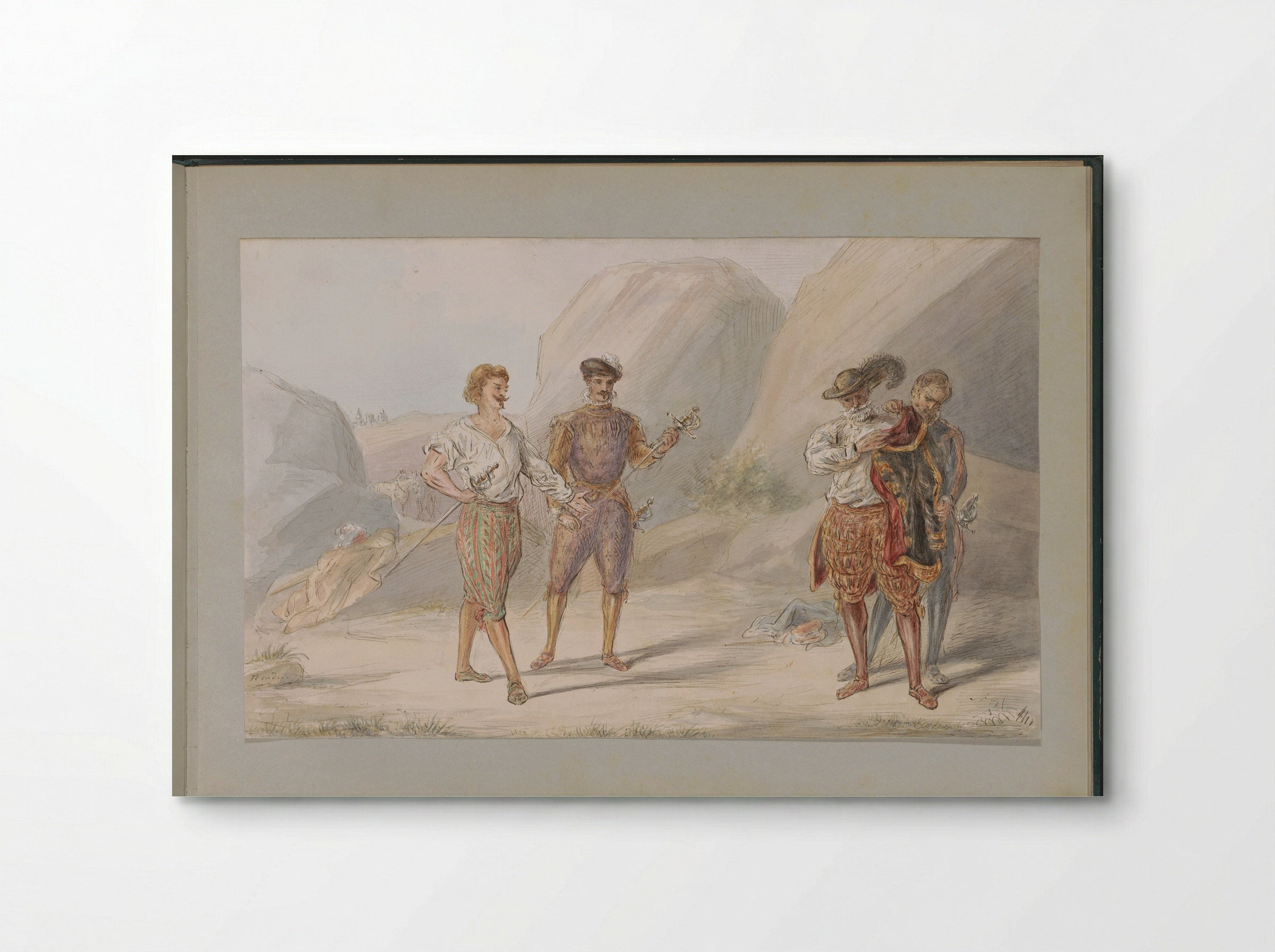 Vier mannen met zwaarden in een rotsachtig landschap - Alexander Ver Huell - Poster