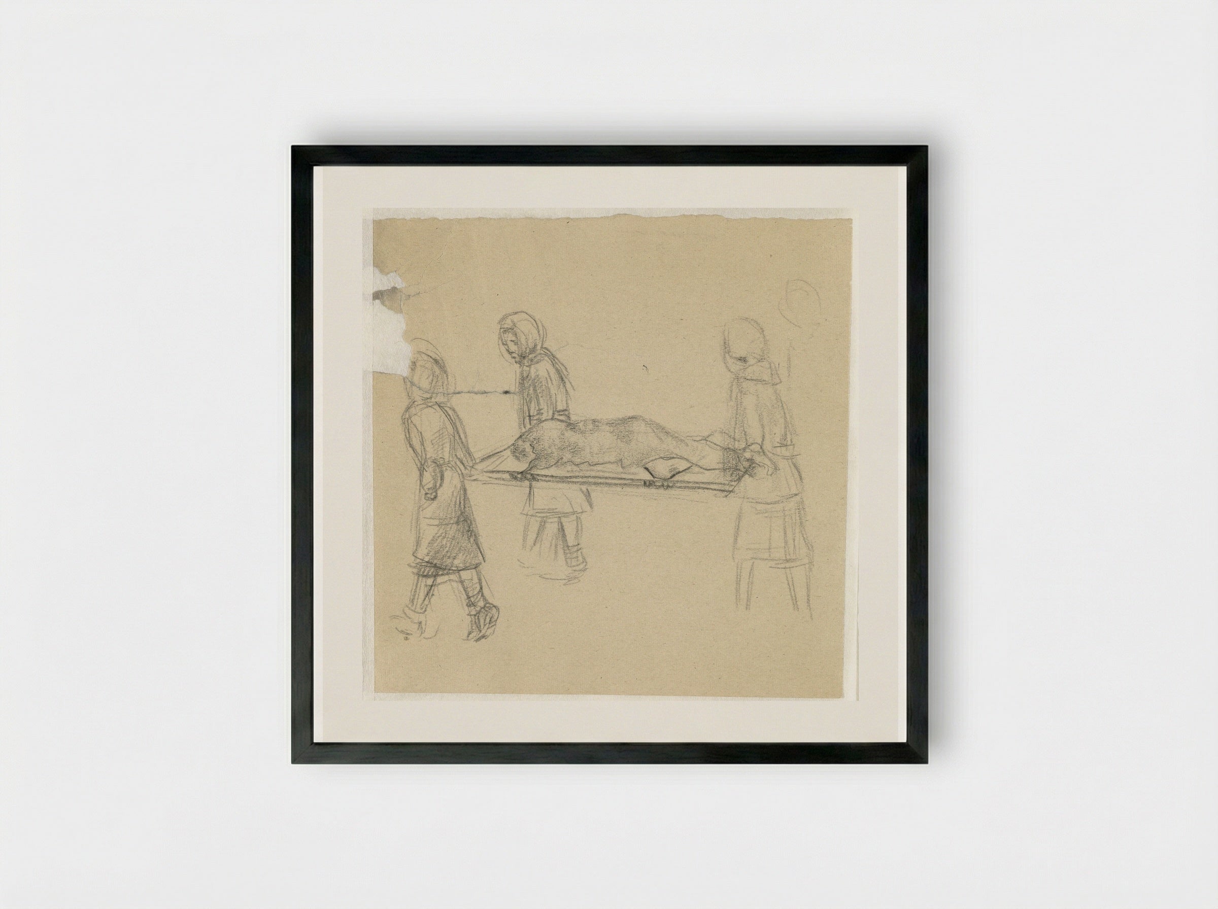 Vier vrouwen dragen een zieke medegevangene op een baar - Aat Breur-Hibma - Framed Print Black