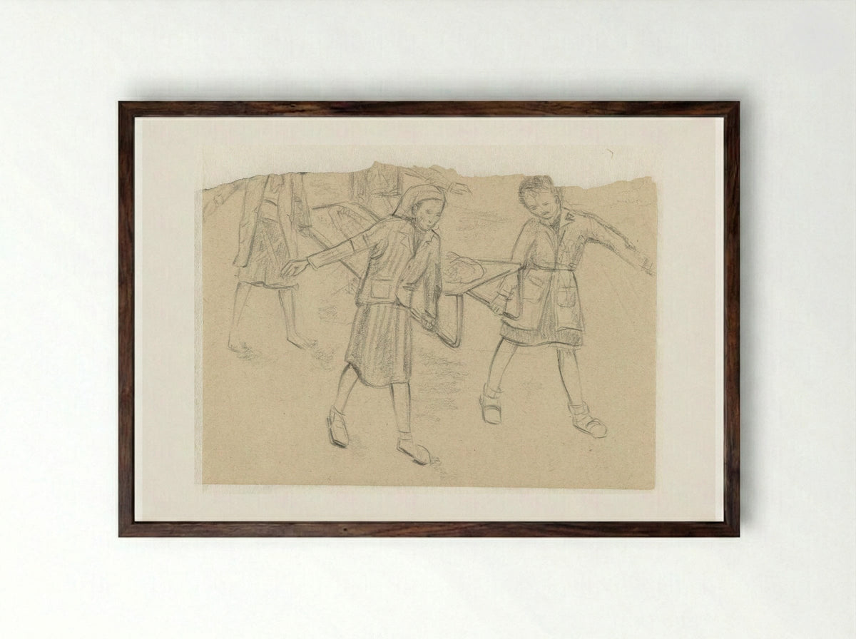 Vier vrouwen dragen een zieke weg - Aat Breur-Hibma - Framed Print Dark Wood