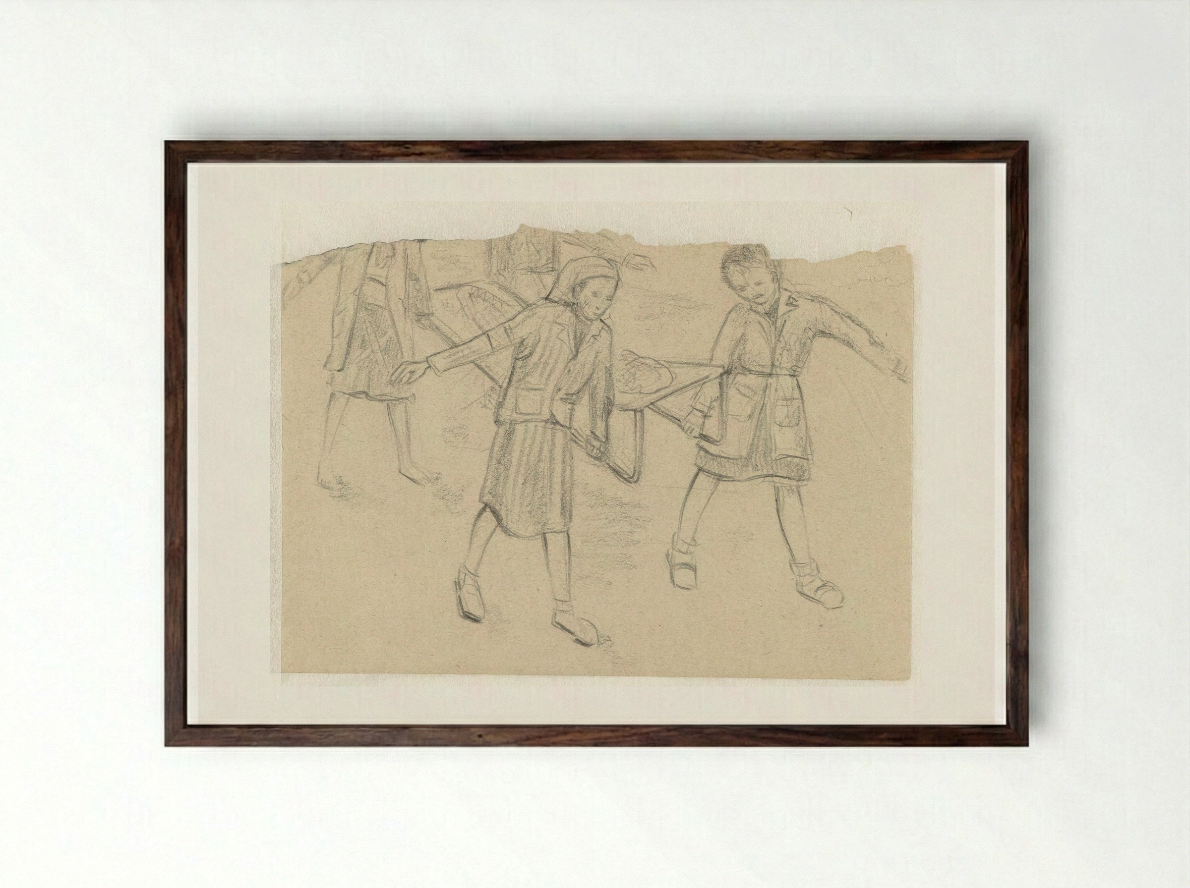 Vier vrouwen dragen een zieke weg - Aat Breur-Hibma - Framed Print Dark Wood