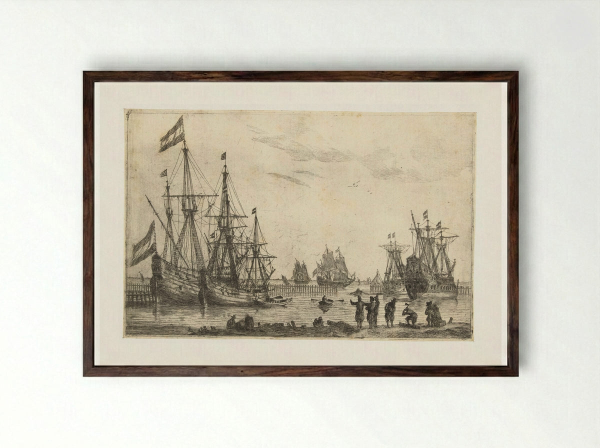 Vier zeilschepen achter een golfbreker - Reinier Nooms - Framed Print Dark Wood