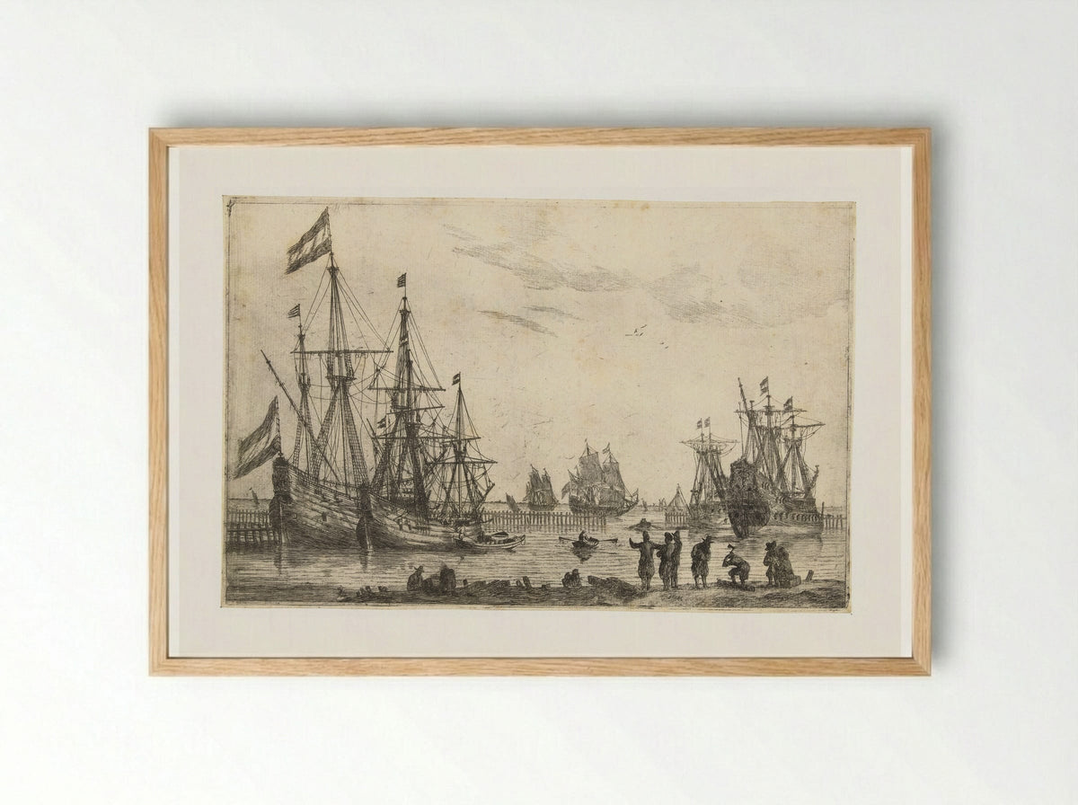 Vier zeilschepen achter een golfbreker - Reinier Nooms - Framed Print Wood
