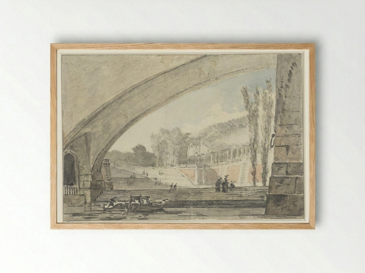 View Under a Bridge Towards Terraces and a Staircase - Louis Gabriel Moreau - Framed Print Wood