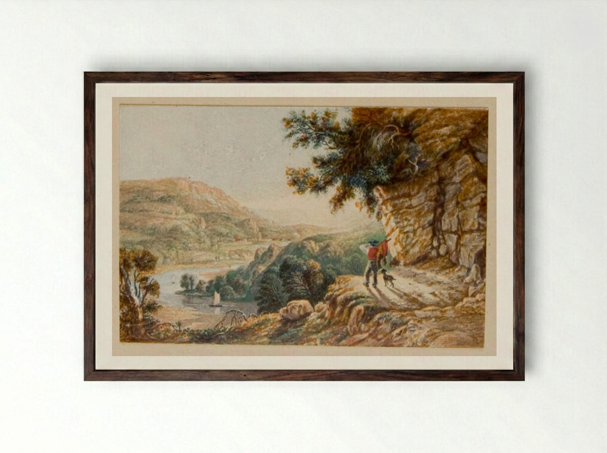 View from a Deserted Rock Quarry on the Wye - George Baxter - Framed Print Dark Wood