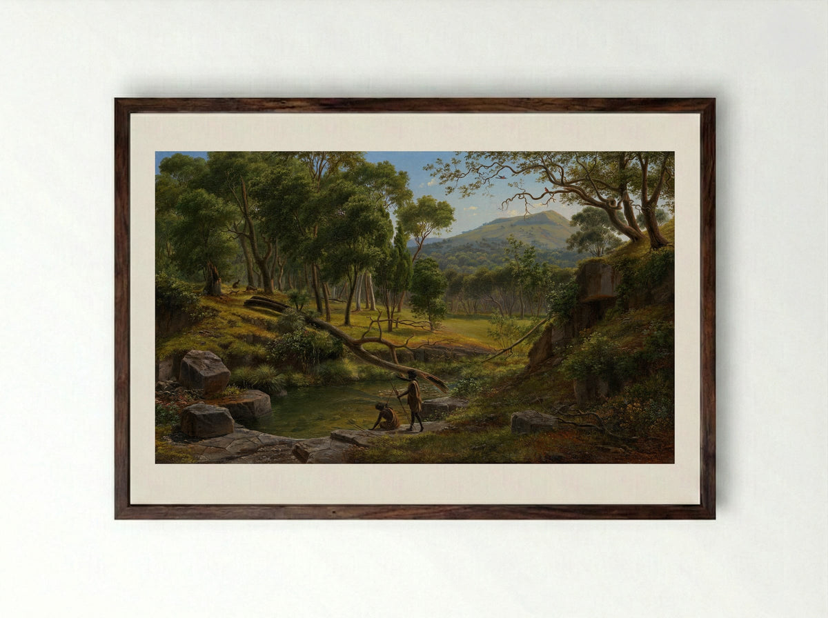 View from the Bald Hills between Ballarat and Creswick Creek, to the west Pyrenees and Lake Burrambeet - Eugene von Guerard - Framed Print Dark Wood