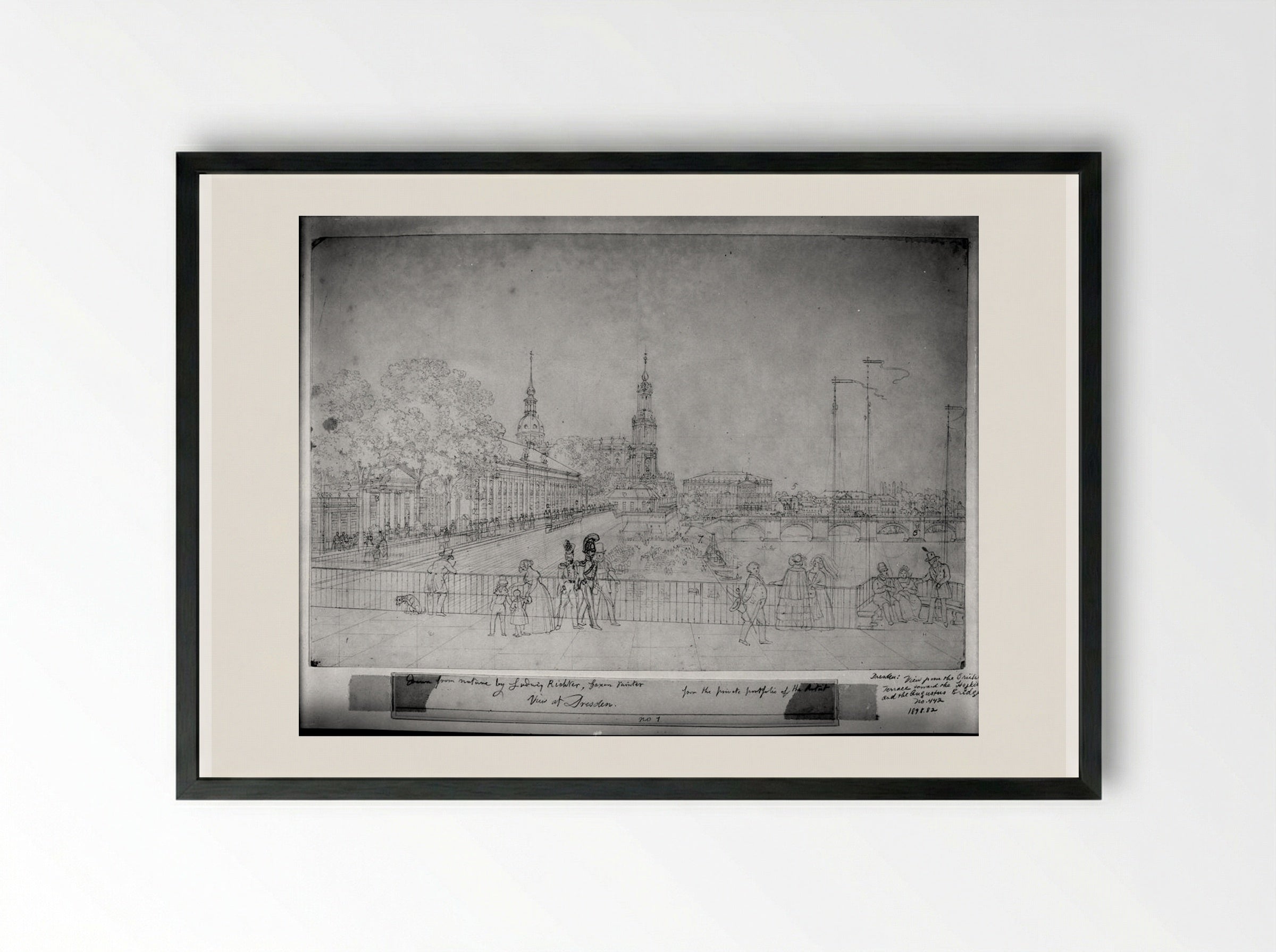 View from the Brühl Terrace toward the Hofkirche and the Augustus Bridge, Dresden - Adrian Ludwig Richter - Framed Print Black