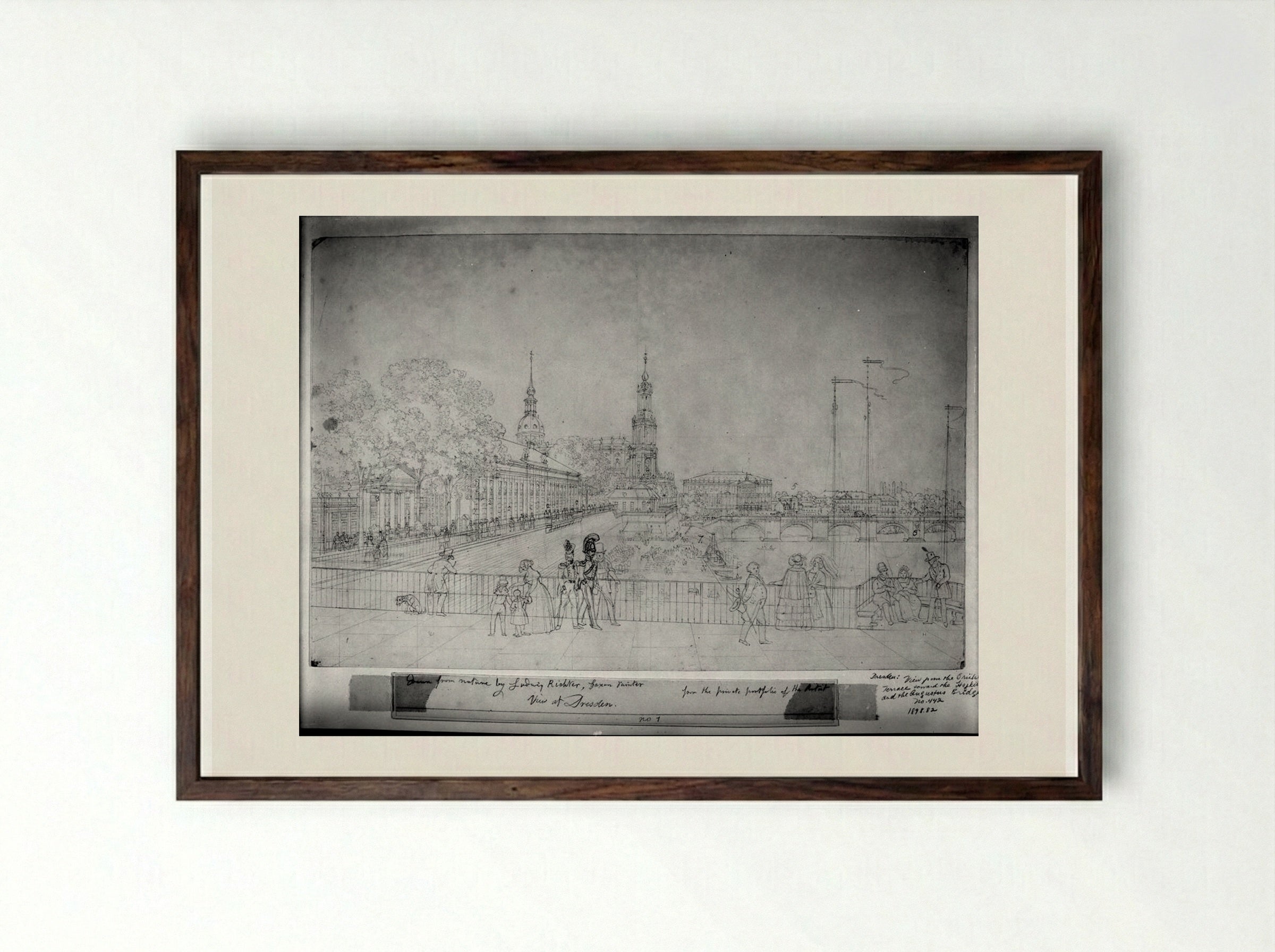 View from the Brühl Terrace toward the Hofkirche and the Augustus Bridge, Dresden - Adrian Ludwig Richter - Framed Print Dark Wood