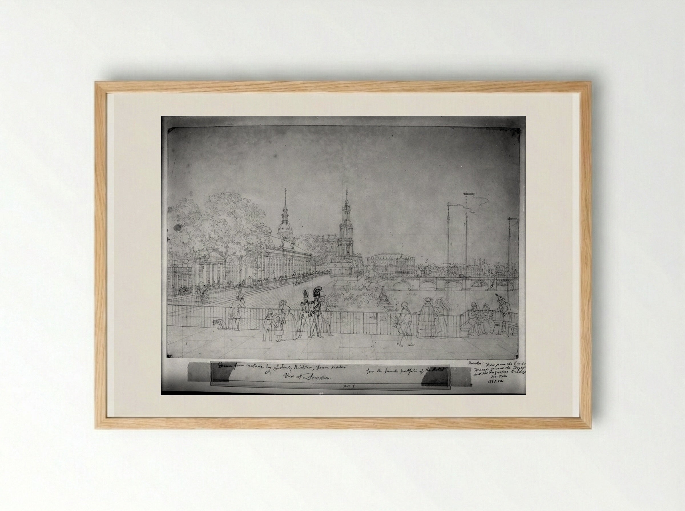 View from the Brühl Terrace toward the Hofkirche and the Augustus Bridge, Dresden - Adrian Ludwig Richter - Framed Print Wood