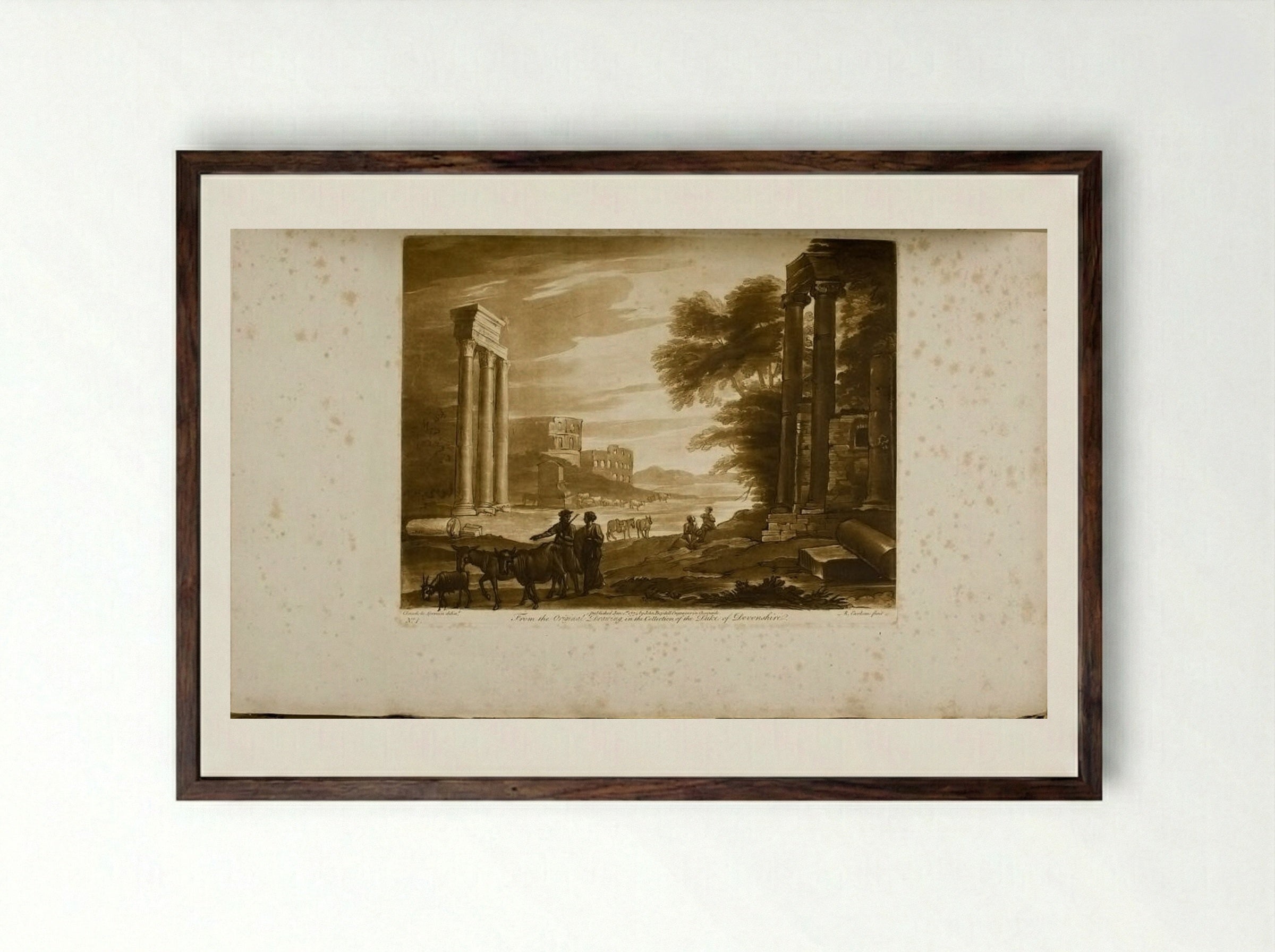 View in Rome, with Three Columns of Jupiter Stator and the Colosseum - Richard Earlom - Framed Print Dark Wood