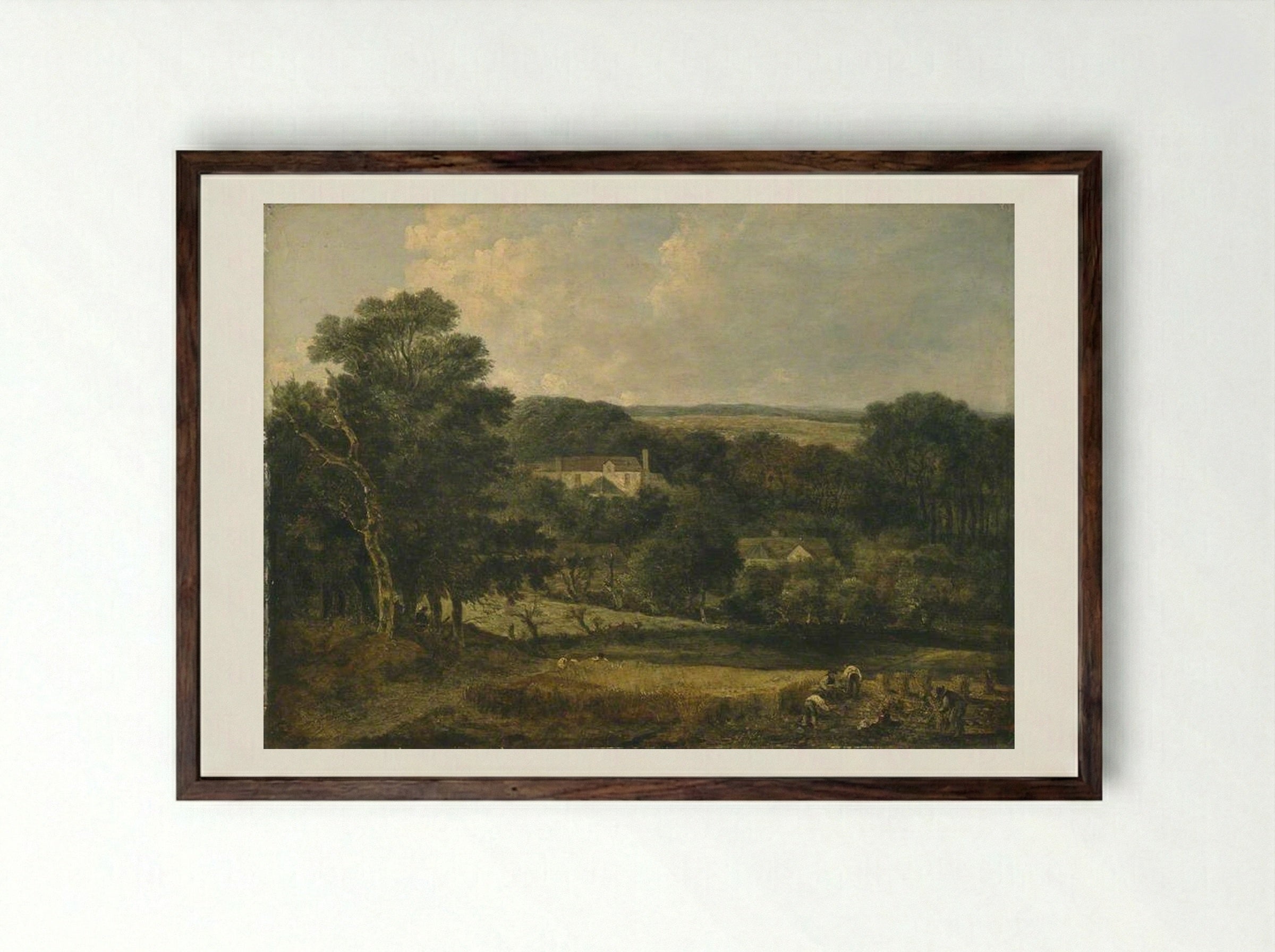 View near Norwich with Harvesters - John Crome - Framed Print Dark Wood