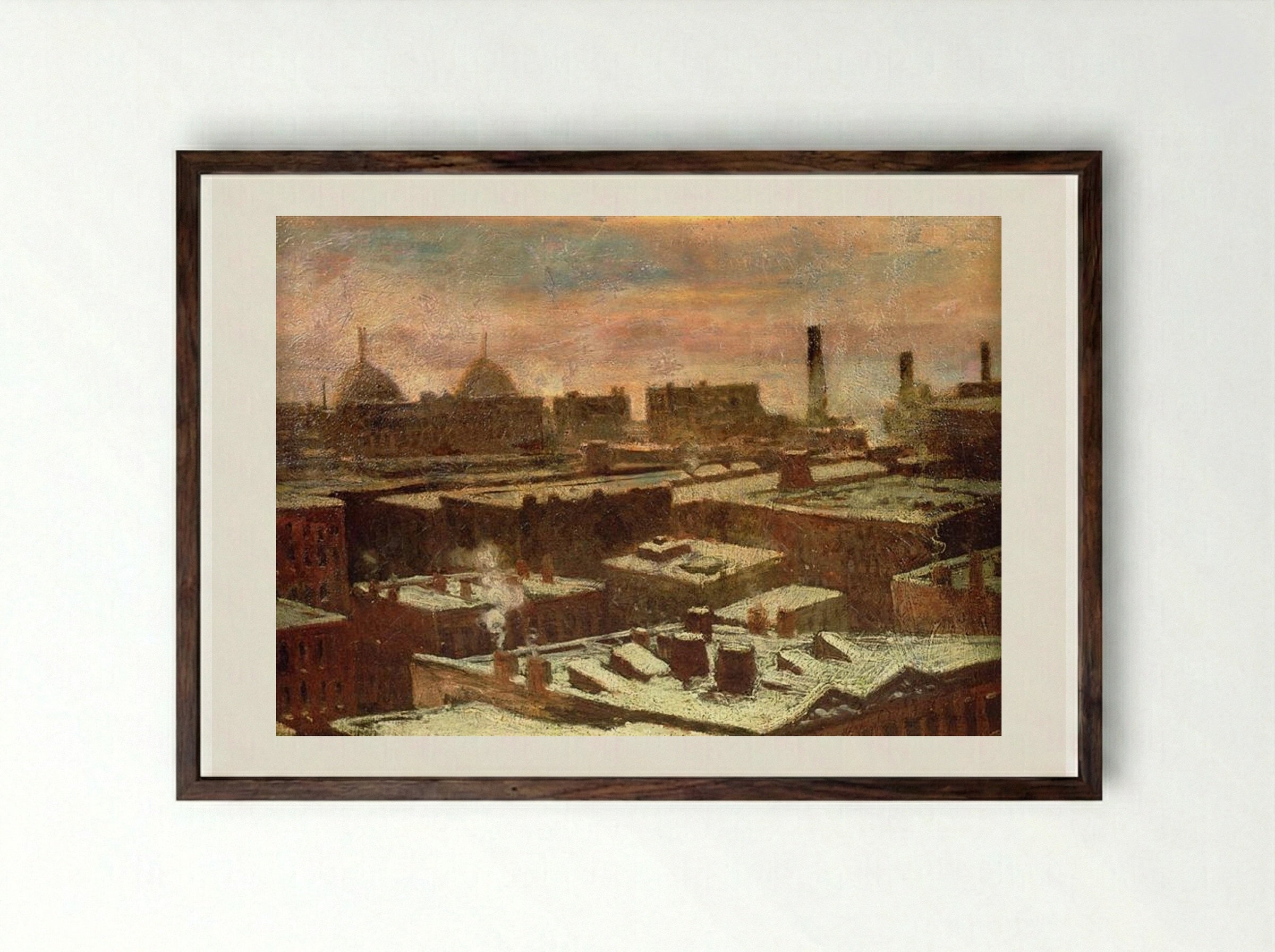 View of City Rooftops in Winter - Robert Julian Onderdonk - Framed Print Dark Wood