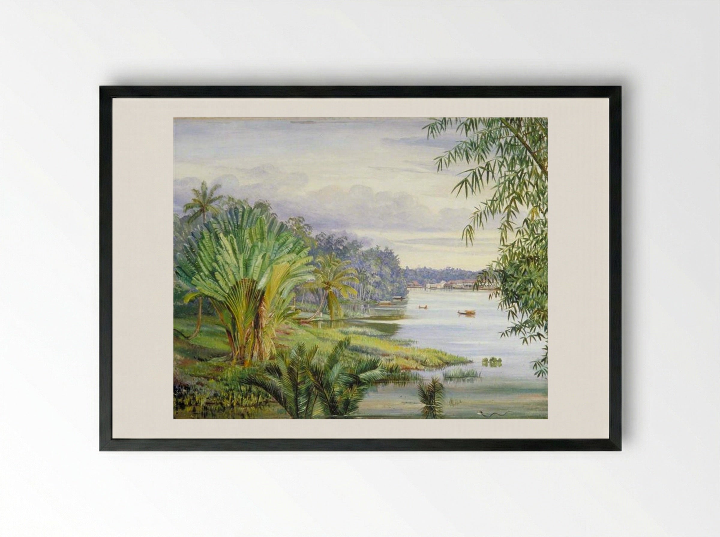 View of Kuching and River, Sarawak, Borneo - Marianne North - Framed Print Black