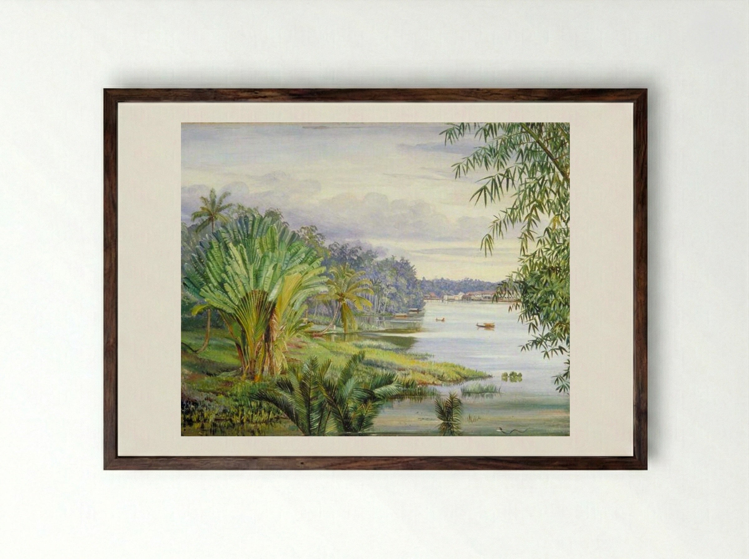 View of Kuching and River, Sarawak, Borneo - Marianne North - Framed Print Dark Wood
