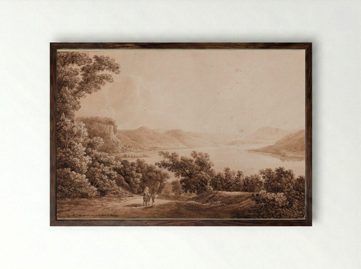 View of Lake Maggiore from an Elevation in Arona - Peter Birmann - Framed Print Dark Wood