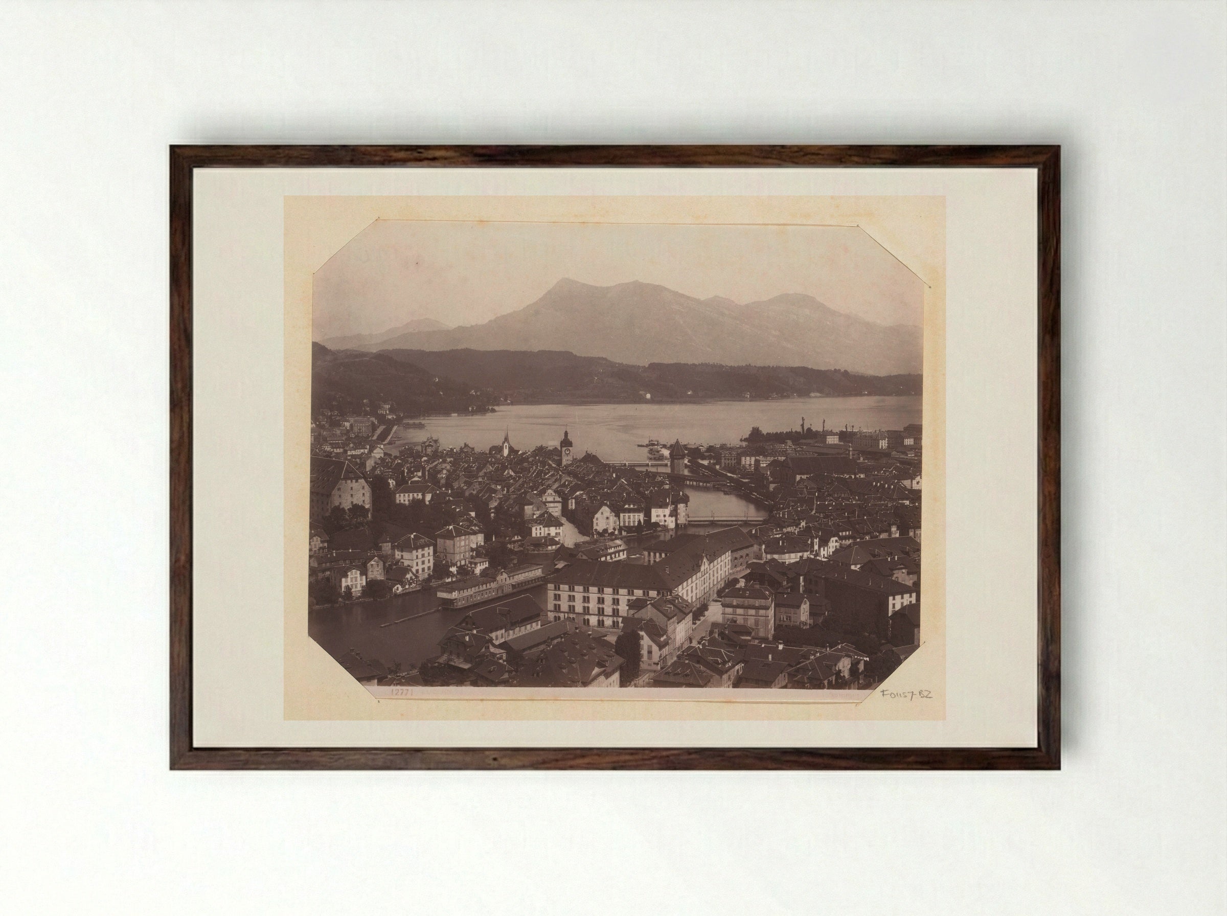 View of Lucerne with Lake Lucerne and Mountains - Giorgio Sommer - Framed Print Dark Wood