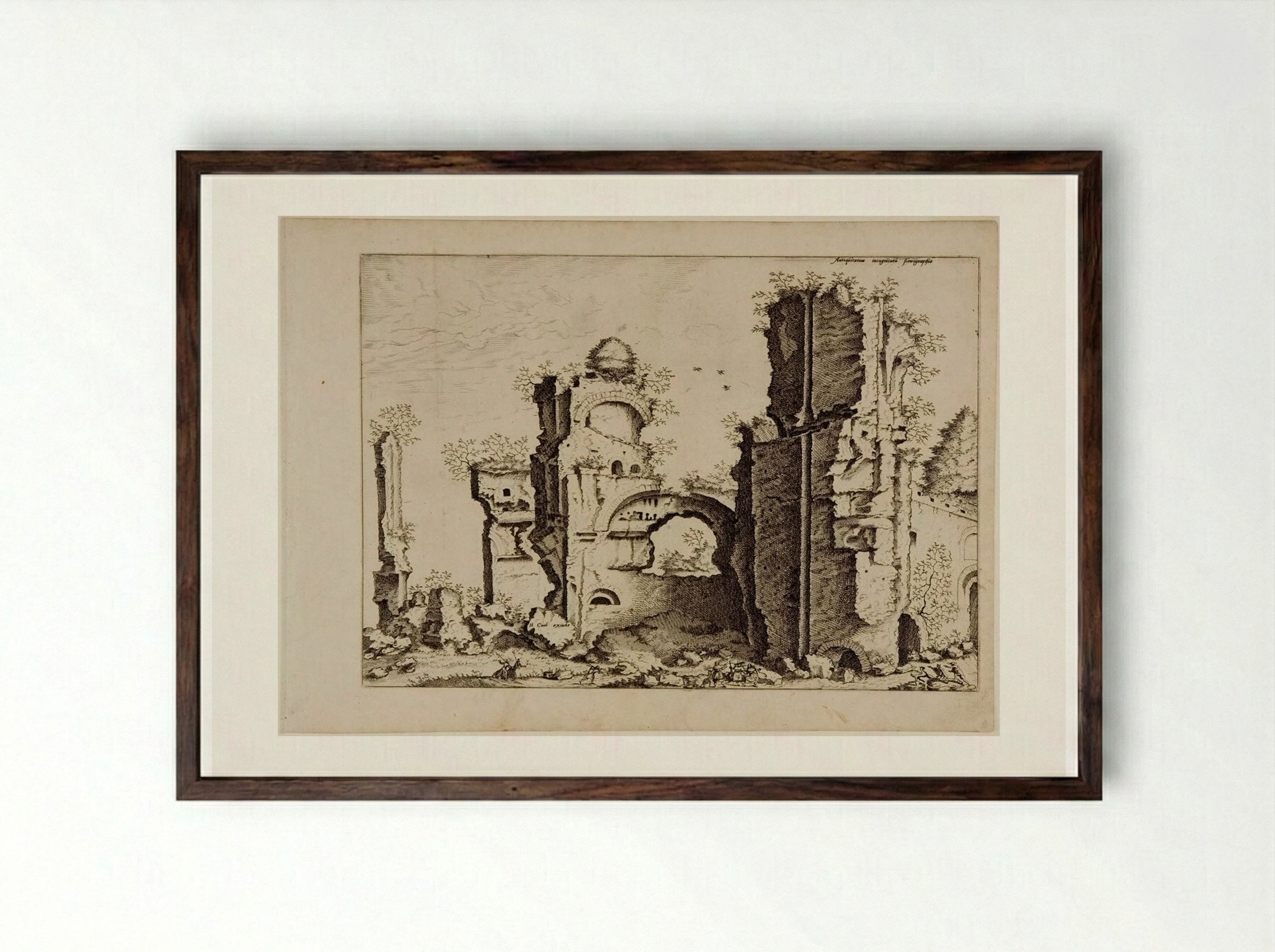 View of Massive Ruins, Possibly the Baths of Caracalla - Hieronymus Cock - Framed Print Dark Wood