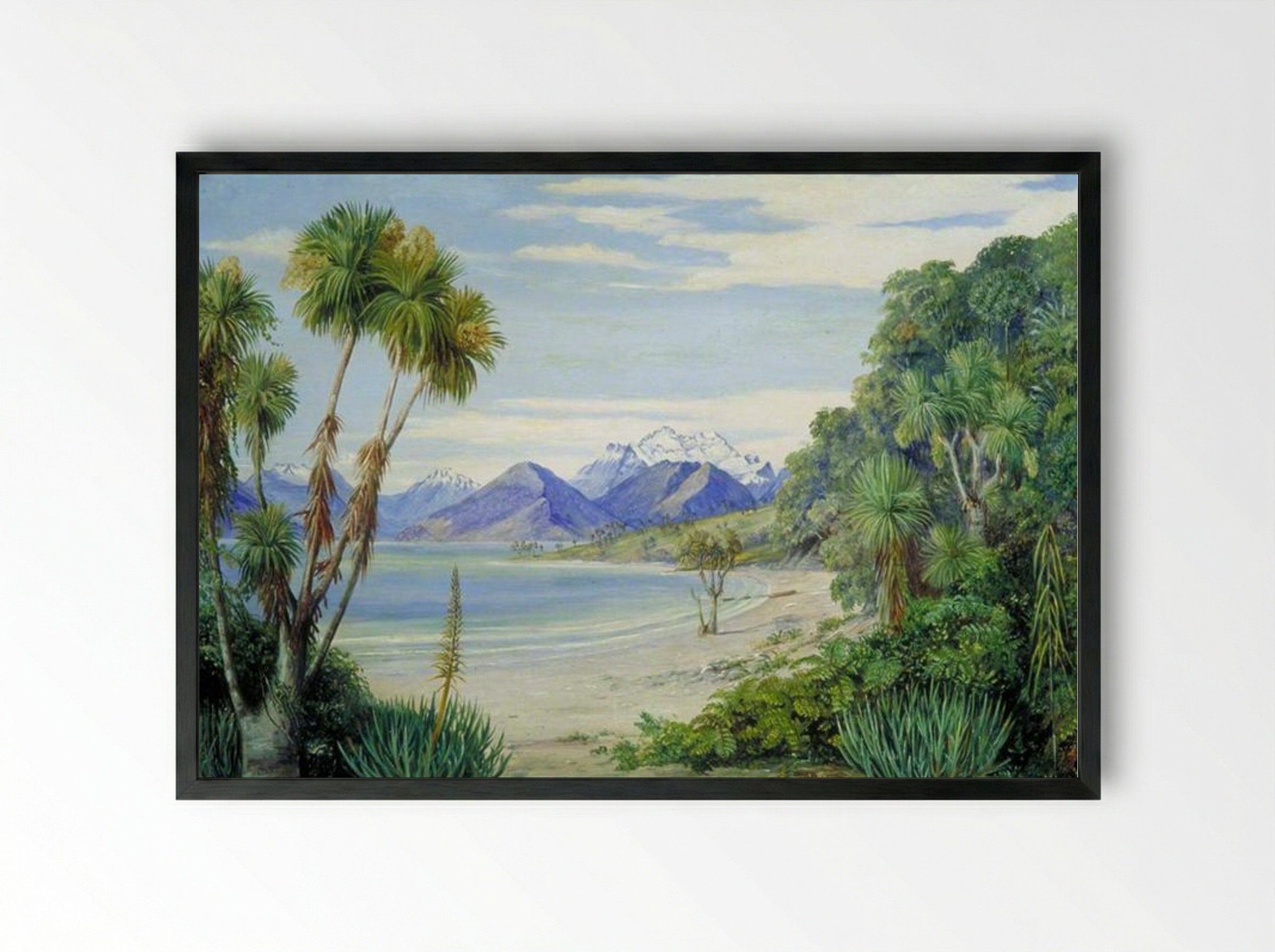 View of Mount Earnshaw from the Island in Lake Wakatipu, New Zealand - Marianne North - Framed Print Black