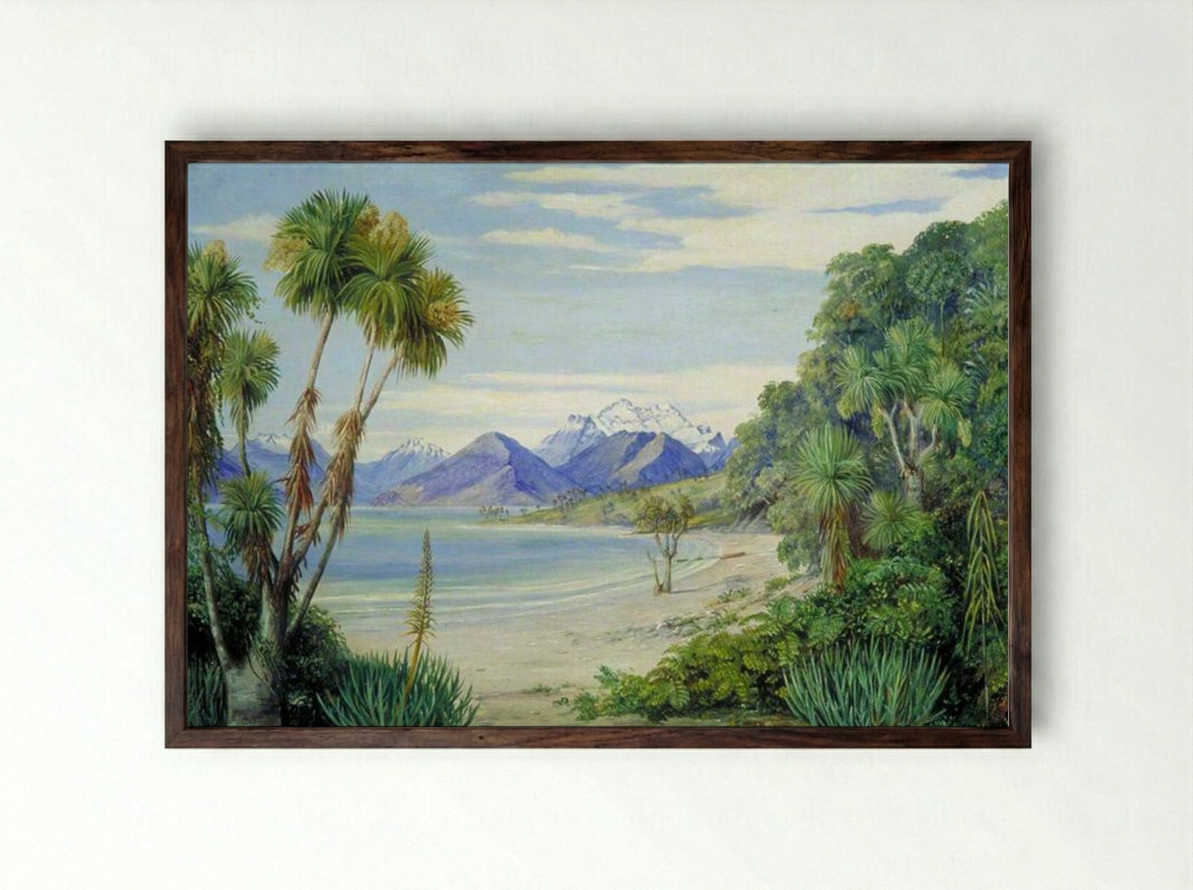 View of Mount Earnshaw from the Island in Lake Wakatipu, New Zealand - Marianne North - Framed Print Dark Wood