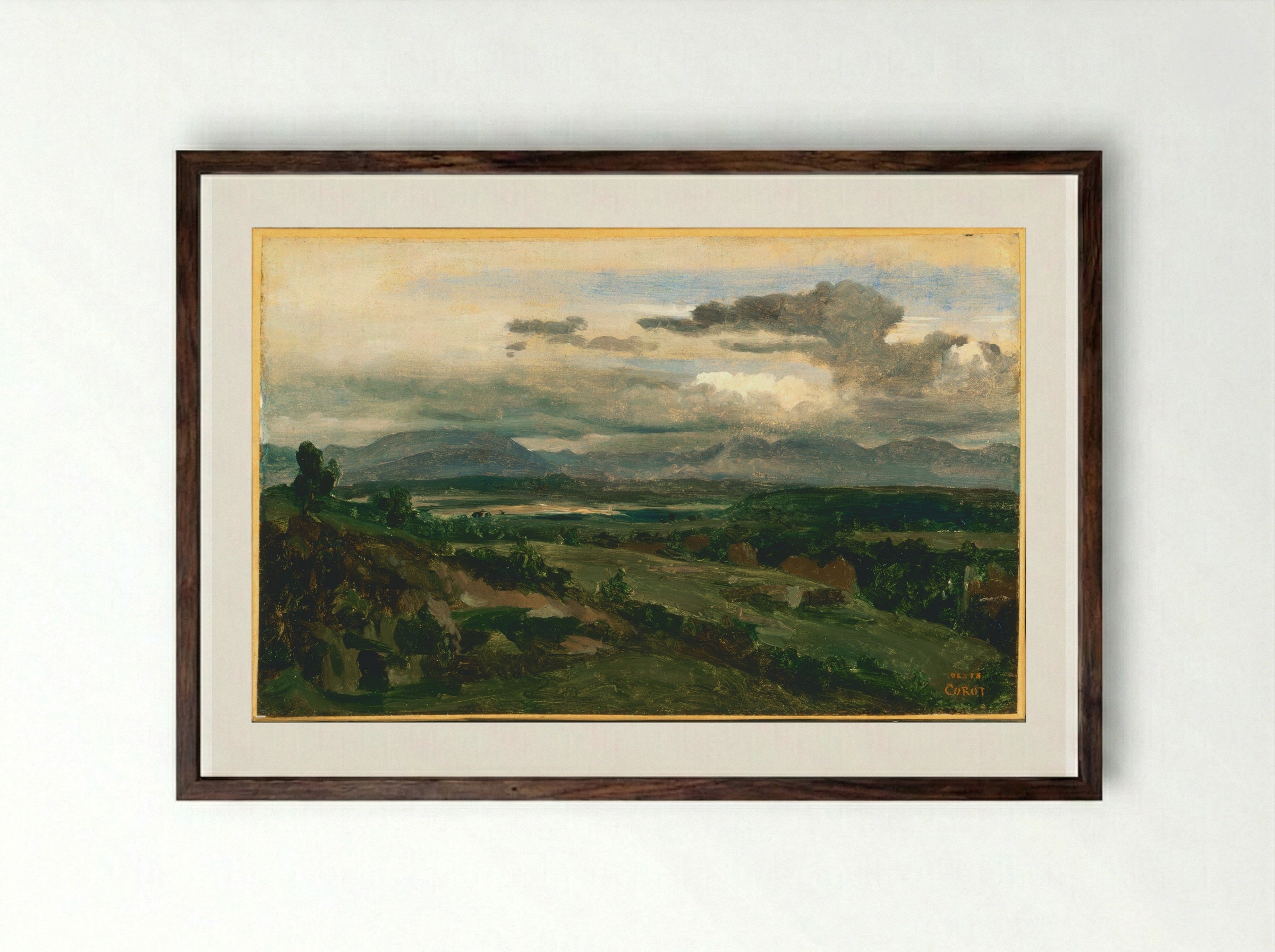 View of Mount Soracte from Civita Castellana - Jean-Baptiste-Camille Corot - Framed Print Dark Wood