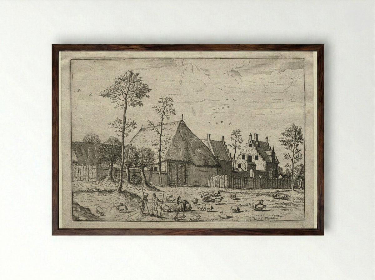 View of Villages in Brabant and Campine: Shepherds with Flock - Master of the Small Landscapes - Framed Print Dark Wood