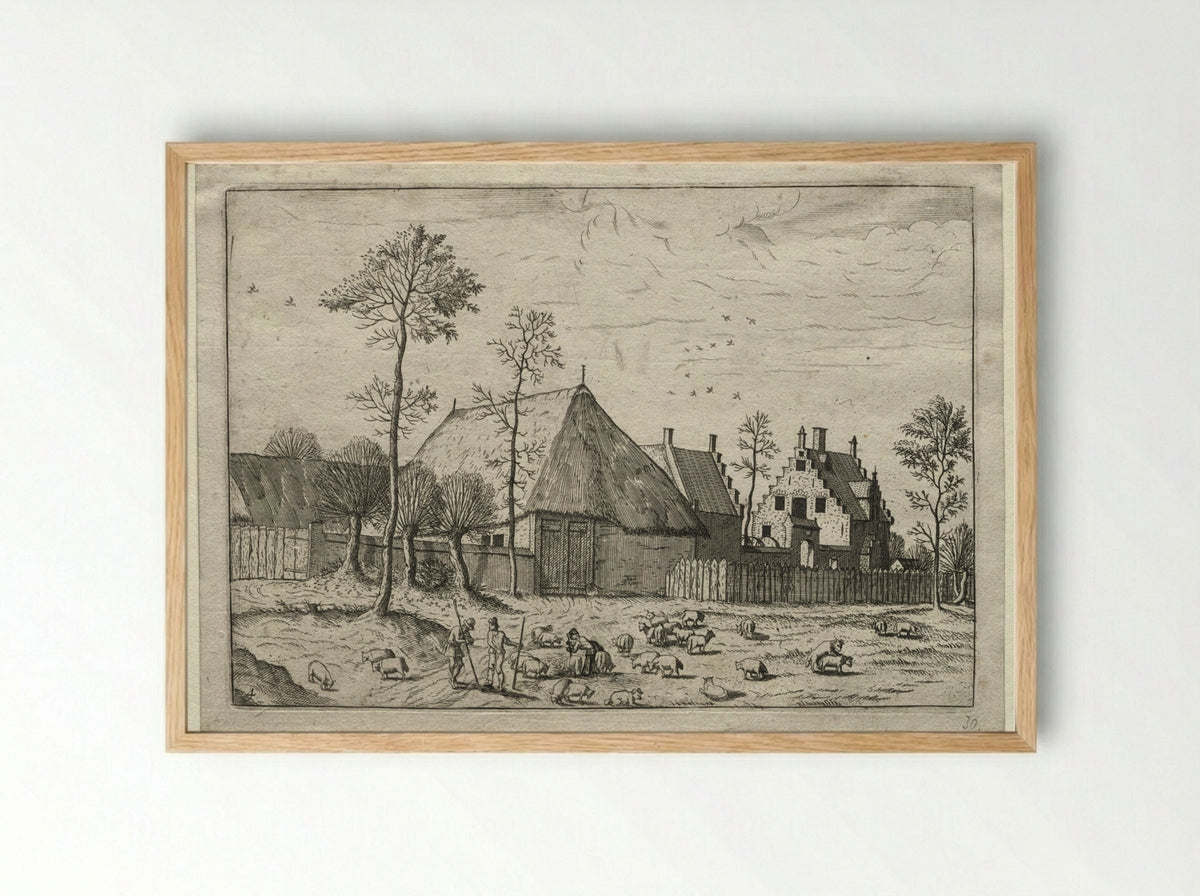 View of Villages in Brabant and Campine: Shepherds with Flock - Master of the Small Landscapes - Framed Print Wood