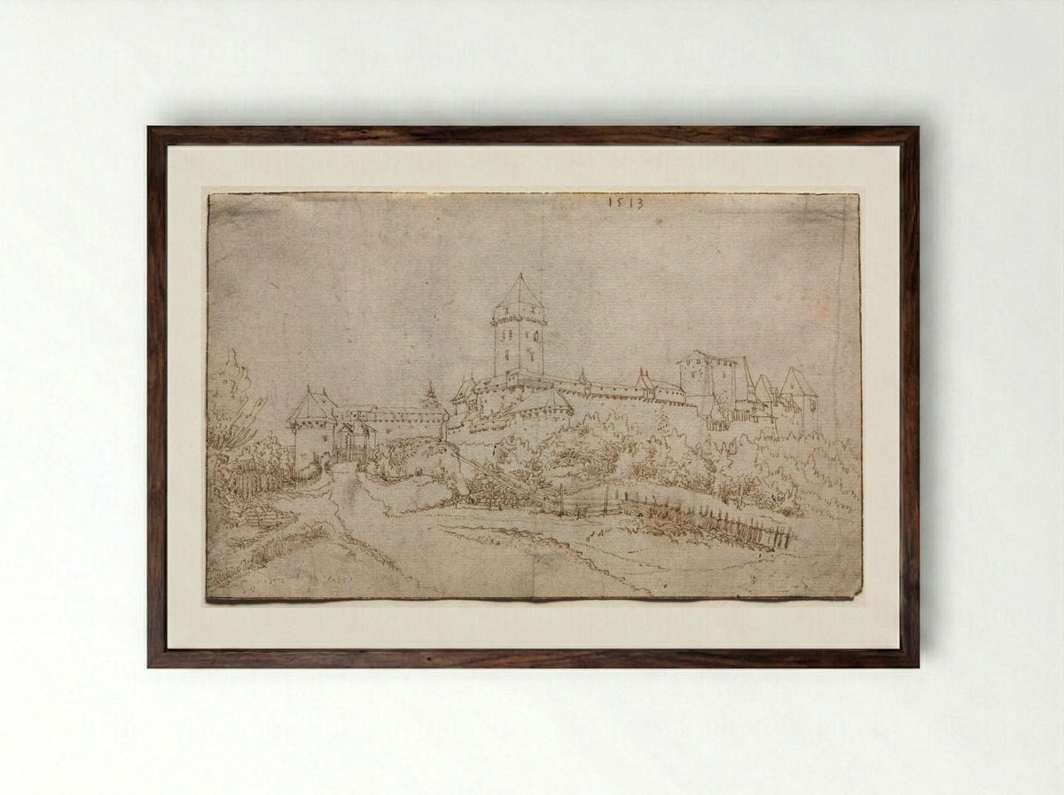 View of a Castle (recto) - Wolfgang Huber - Framed Print Dark Wood