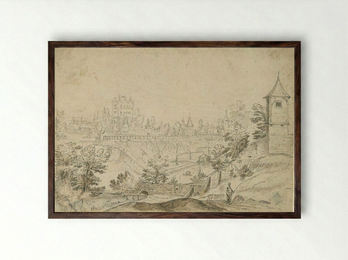 View of a Moated City in a Hilly Landscape - Frederik van Valckenborch - Framed Print Dark Wood