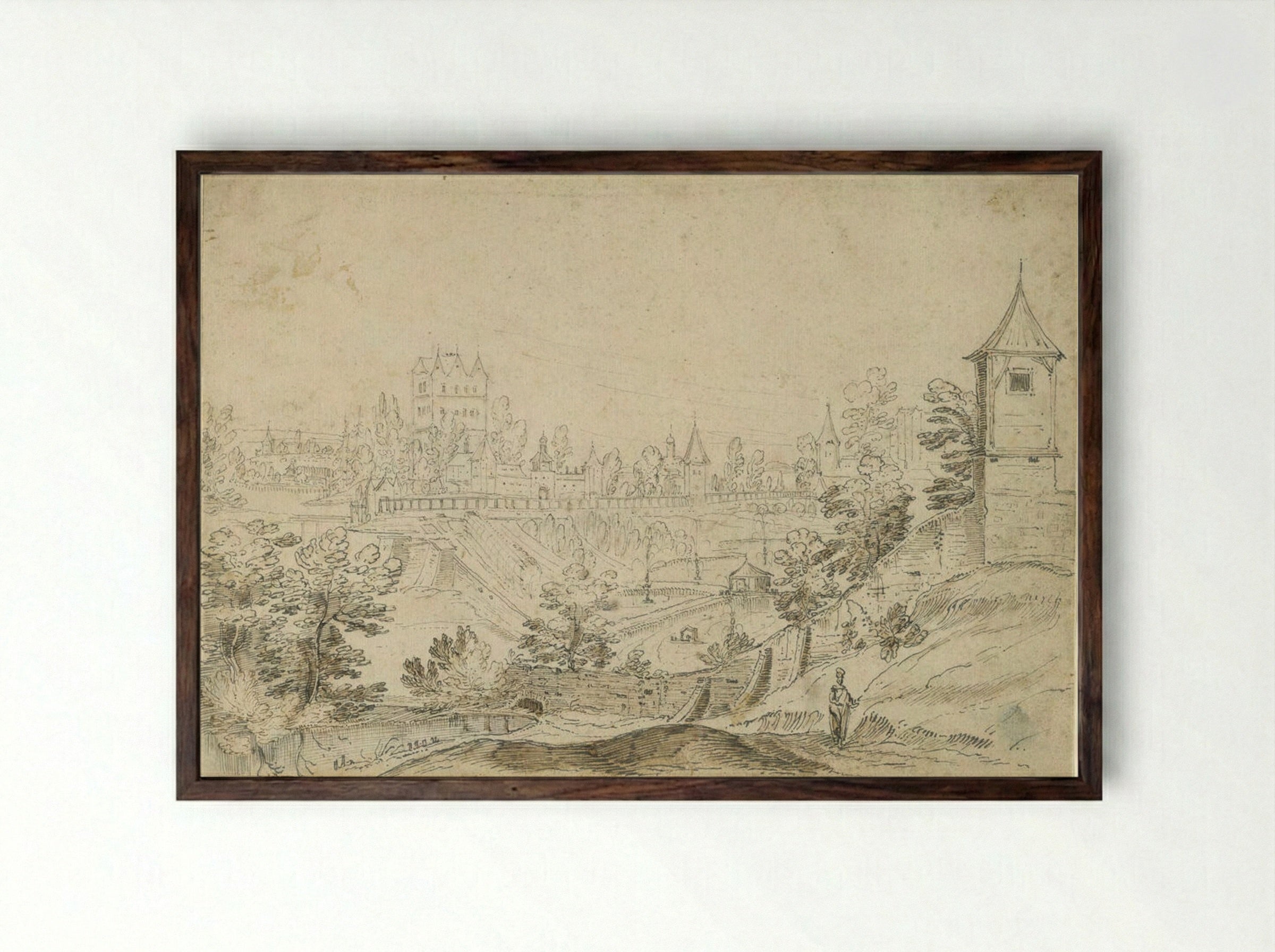 View of a Moated City in a Hilly Landscape - Frederik van Valckenborch - Framed Print Dark Wood